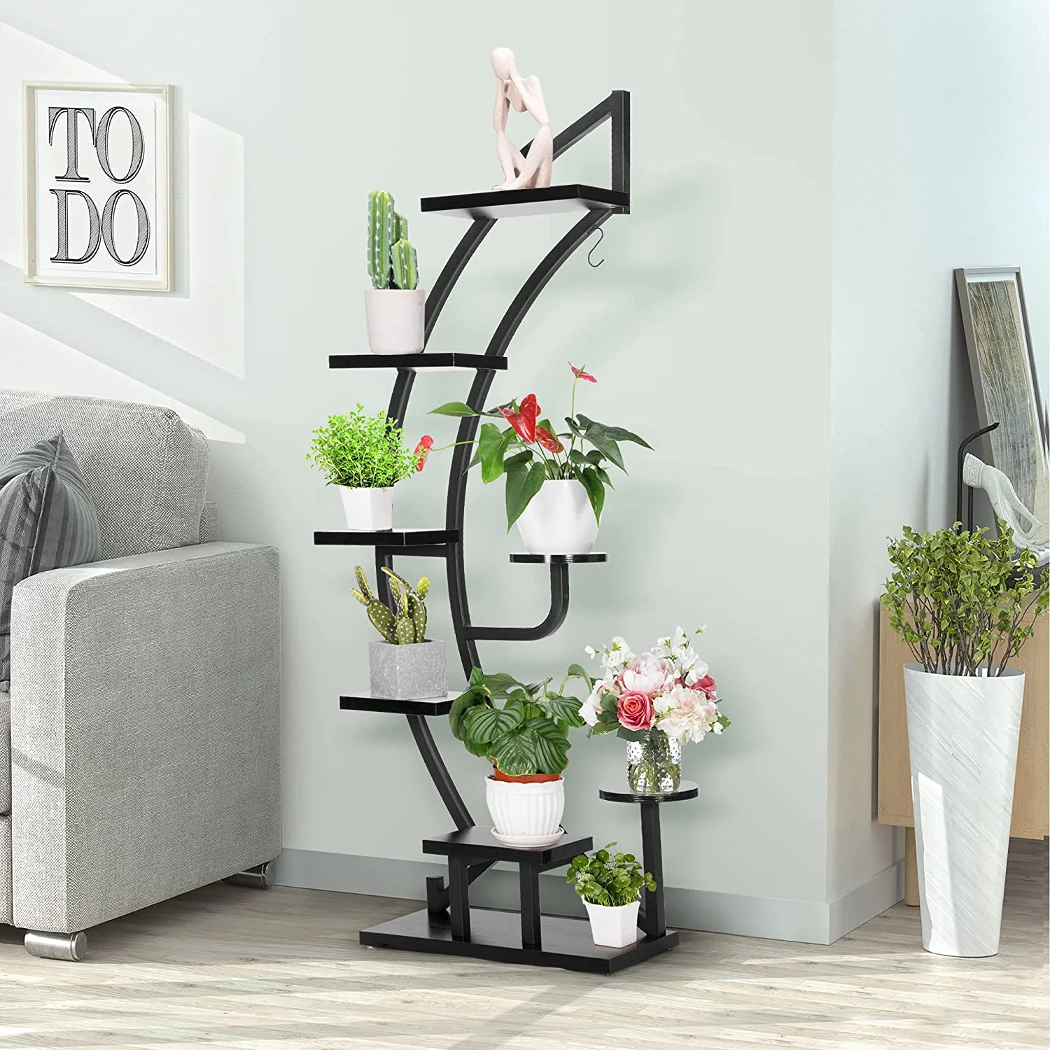 SPECSTAR Plant Stand, 6 Tier 9 Potted Steel-Wood Plant Shelf with Hanger, Curved Flower Pot Holder Shelf for Indoor, Rustic Brown