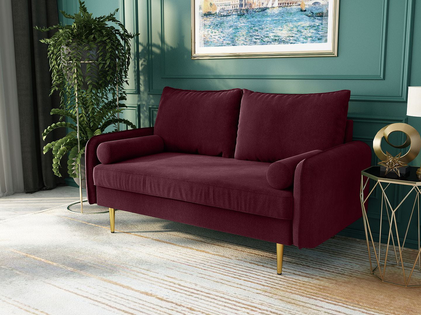 Koby Home's Collection Aspen Transitional Loveseat, Upholstered in Performance Velvet with Round Arms, Cushion Back, and Metal Legs, 2-Seater for Small Space, Burgundy Red Color