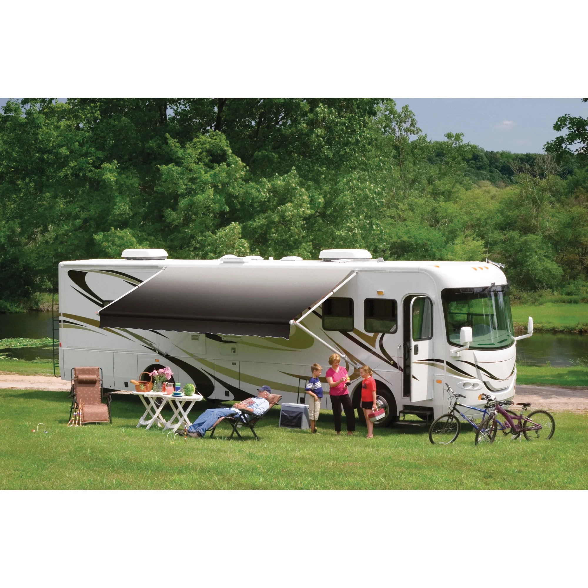 Dometic 848NR15.400B 8500 Manual Patio Awning with Polar White Weathershield - 15', Onyx Linen Fade