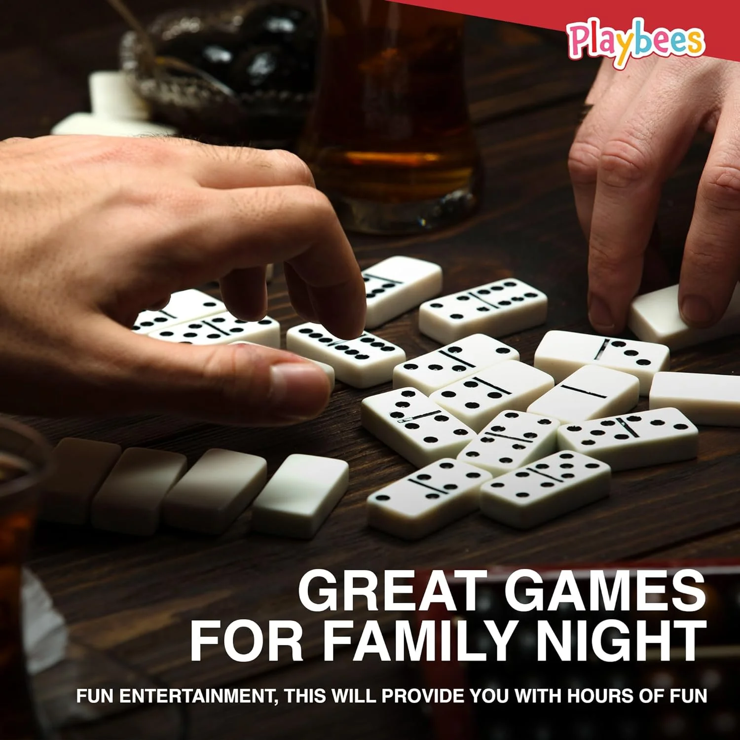 Playbees Jumbo Double Six Domino Set - 28 Thick White Tiles - Sophisticated Wooden Vegan Leather Box - Classic Family Game - Math Skills and Strategy - 2-4 Players