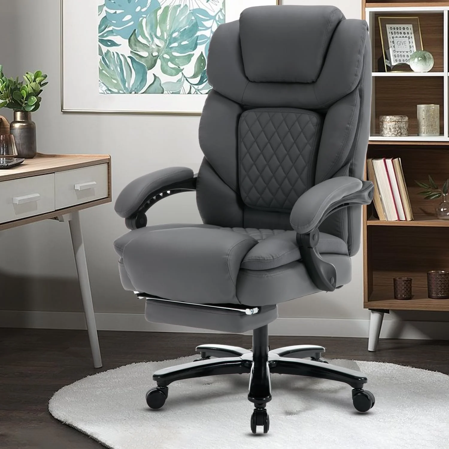 450lbs Big and Tall Reclining Office Chairs with Footrest & Lumbar Support, PU Leather Ergonomic Managerial Executive Chair with Wheels, Plus Size Recliner Desk Chair (Grey)