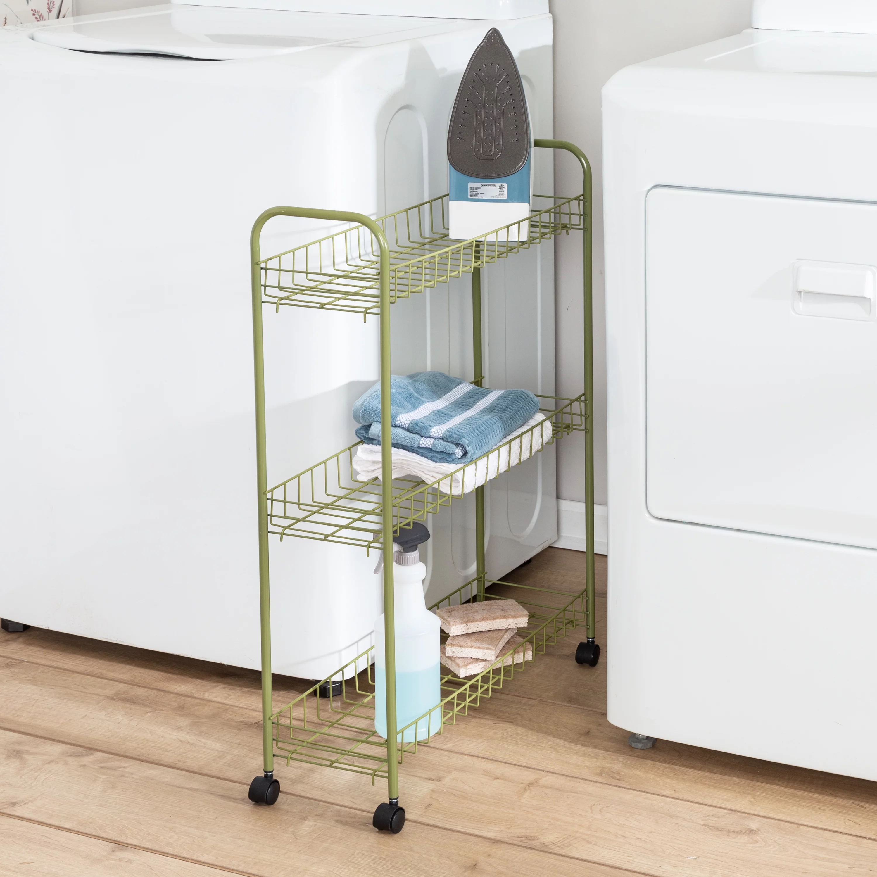 Honey-Can-Do 3-Tier Slim Metal Rolling Kitchen Storage Cart, Olive