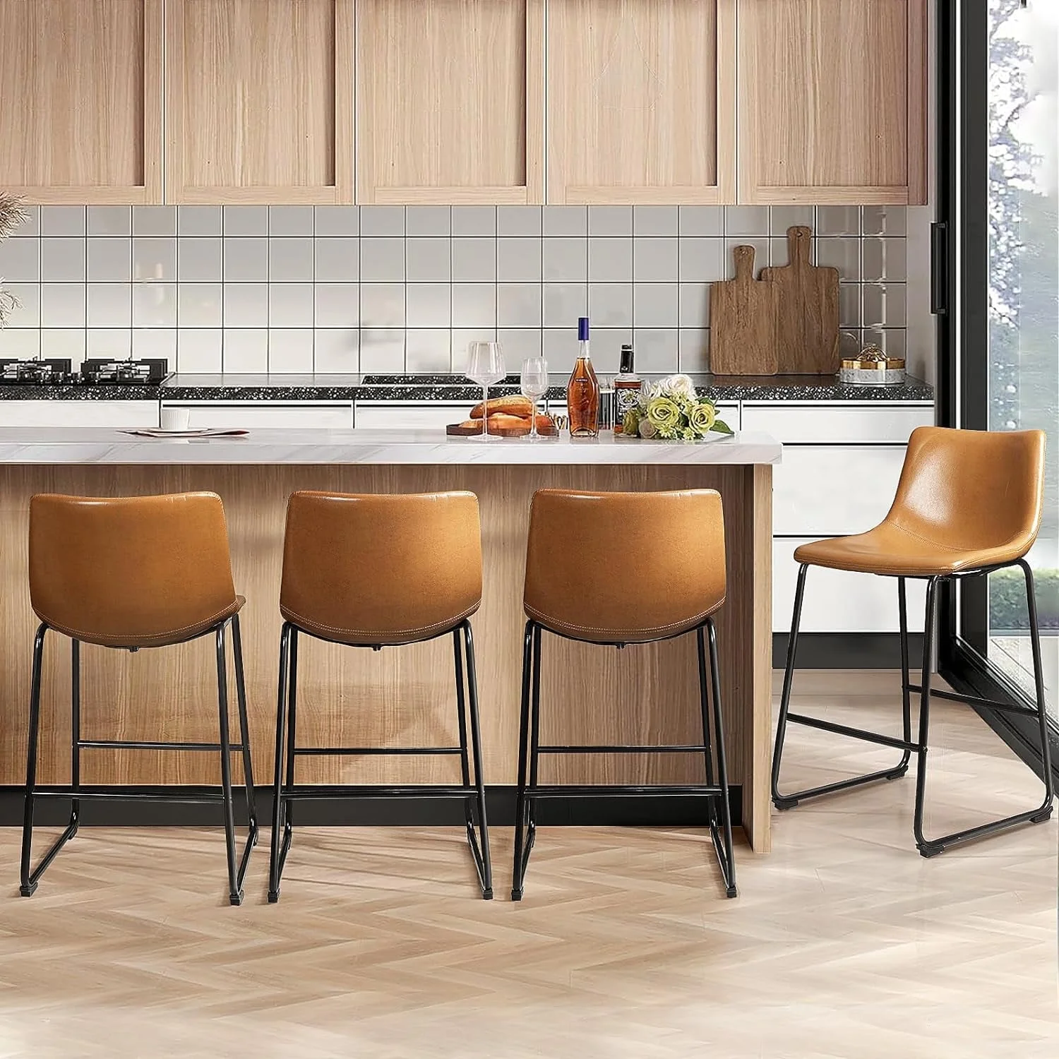 Waleaf 26 inch Bar Stools Set of 4,Counter Height Bar Stools with Back, Modern PU Leather Stools with Metal Leg and Footrest