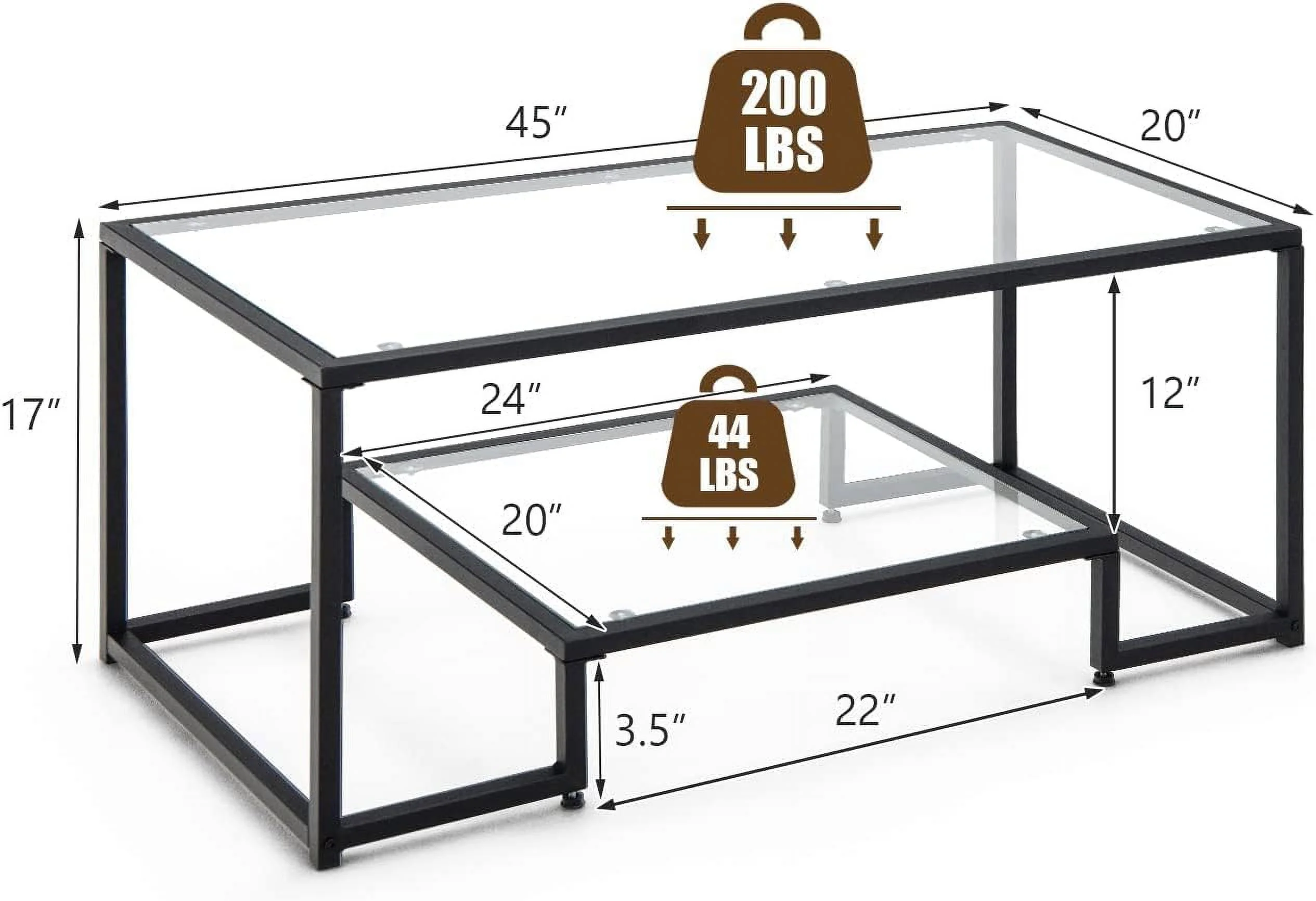 U-SHARE Coffee Table, Black Modern Tempered Glass Coffee Table, 45 Inch Rectangular Center Table with Glass-Top Lower Storage Shelf, Sturdy Metal Frame, for Living Room Home Office