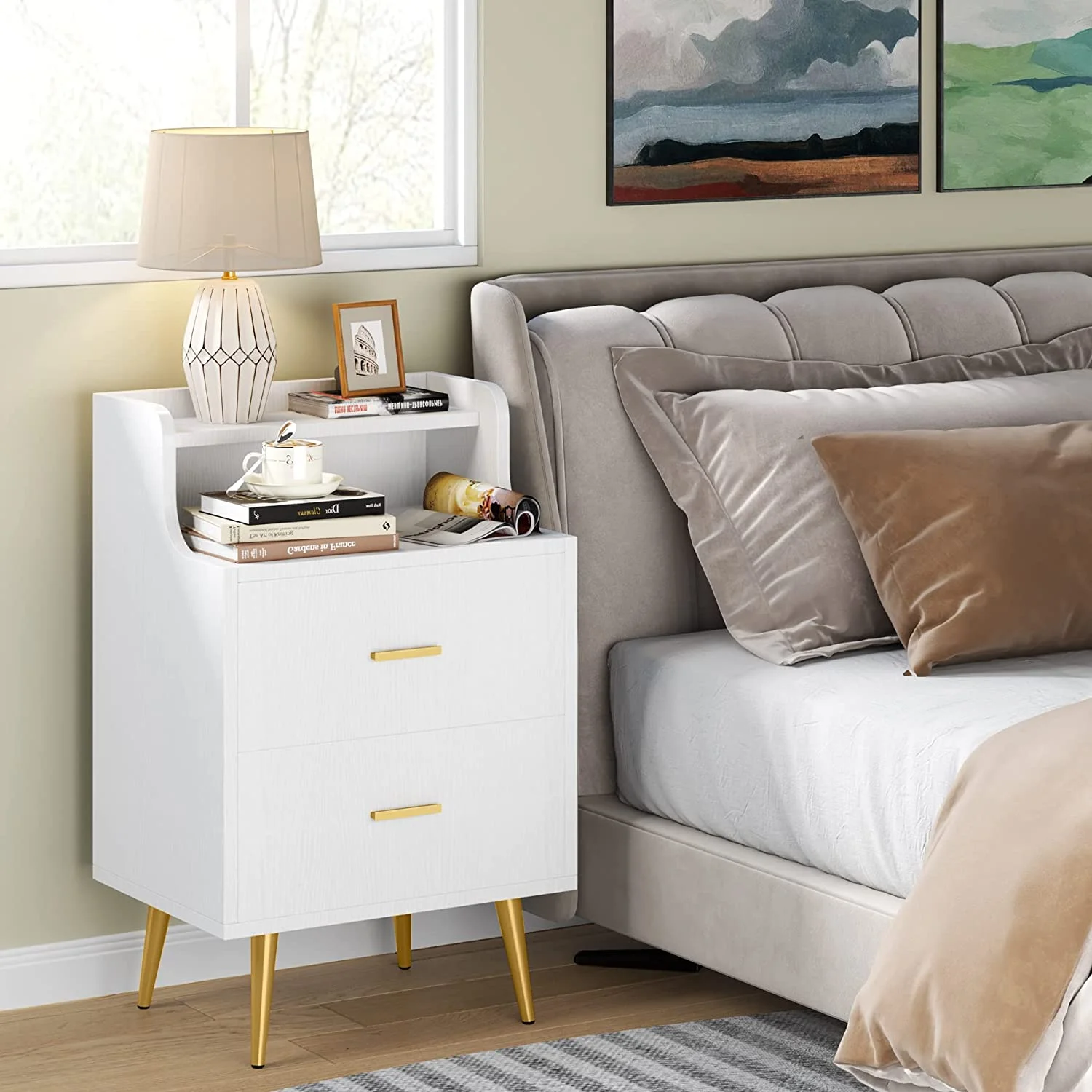 Tribesigns Modern Bedside Table with Drawer and Heightened Open Shelf,White 2 Drawers Nightstand, Golden Bed Night Table for Bedroom, Storage Wooden Night Stand
