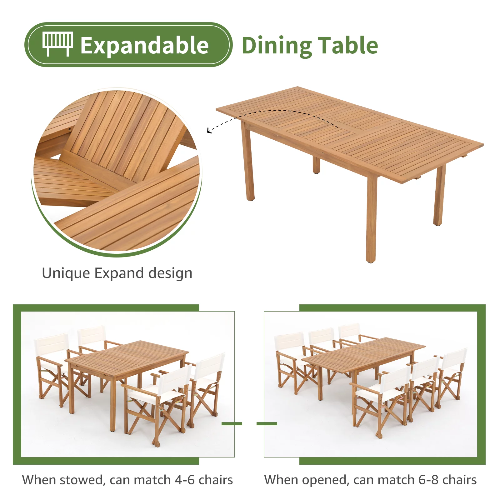 OC Orange-Casual 5 Piece Patio Dining Set, Outdoor Acacia Wood Furniture Set, Extendable Rectangular Table and 4 Folding Director chairs w/Soft Padding, FSC Certified, for Deck Garden Backyard