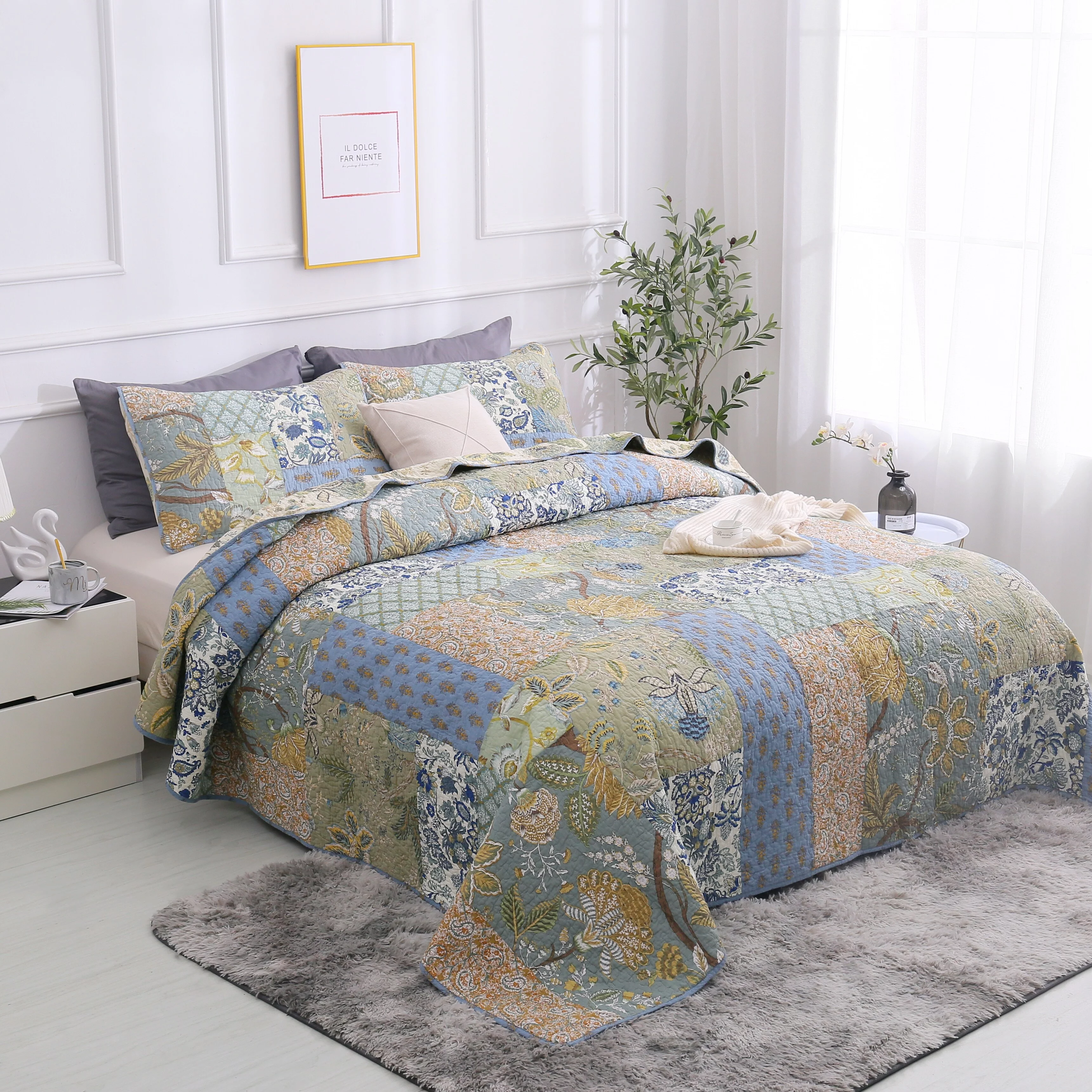 S&S Bohemian 3 Piece Reversible Floral 100% Cotton Authentic Patchwork Quilt Set Full - Queen