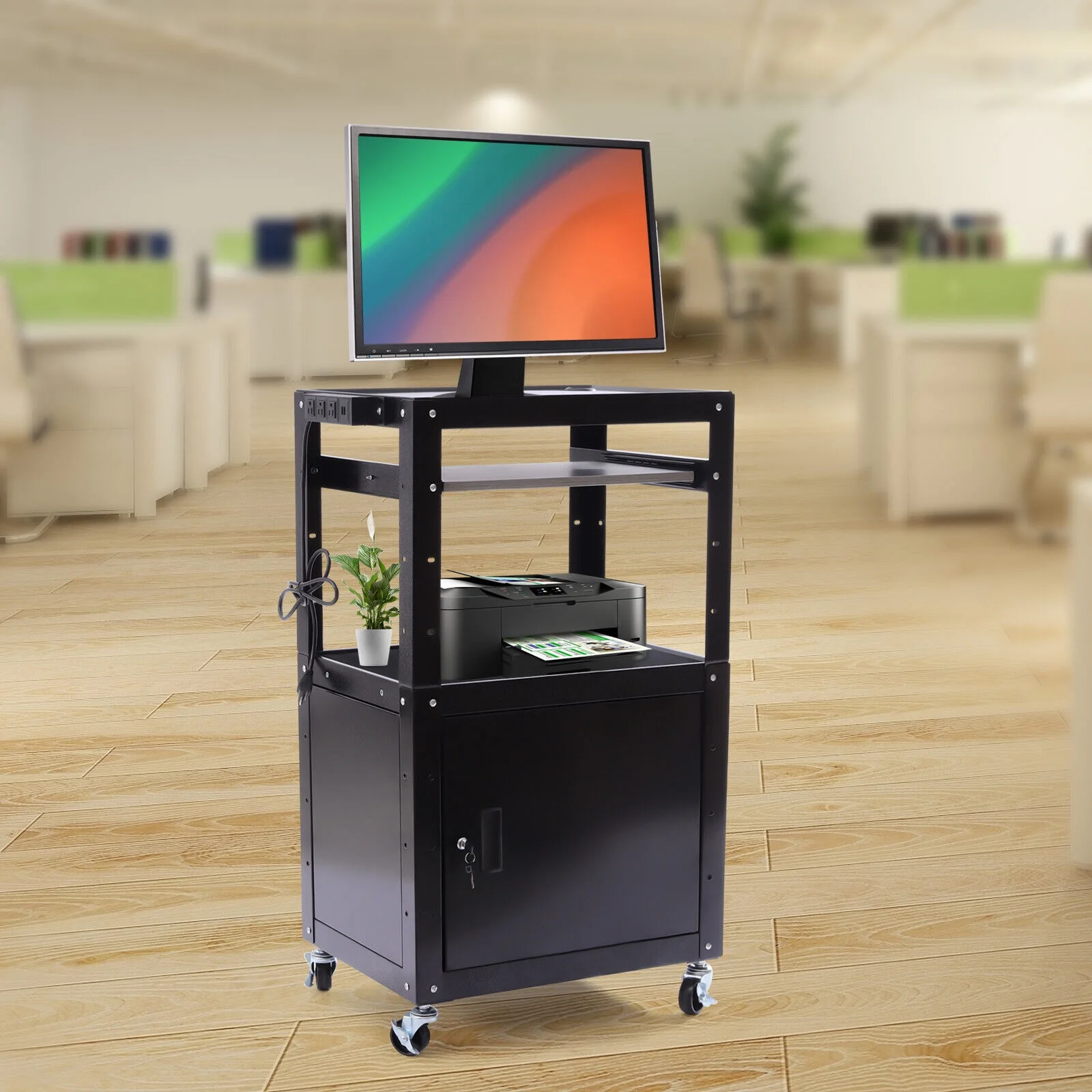 2in1 Steel Large AV Cart with Extra Storage Adjustable Height Cart Pullout Tray AV Cart Height Adjustable Media Cart w/ Wheels Keyboard Tray/Cabinet Home Office Carbon Steel AV Cart Media Cart
