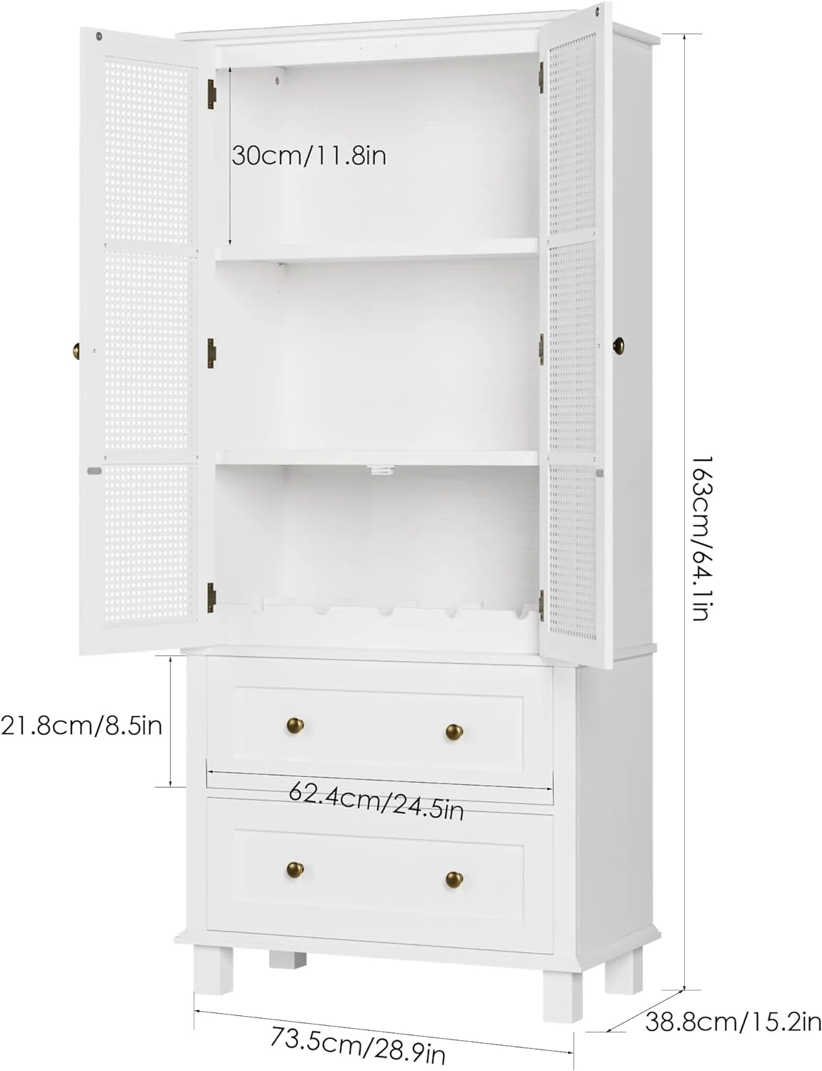 ONKER Kitchen Pantry Storage Cabinet, Tall Cabinet with Rattan Doors and 2 Drawers, Freestanding Cupboard with Adjustable Shelves, Utility Pantry for Kitchen, Dining Room,White