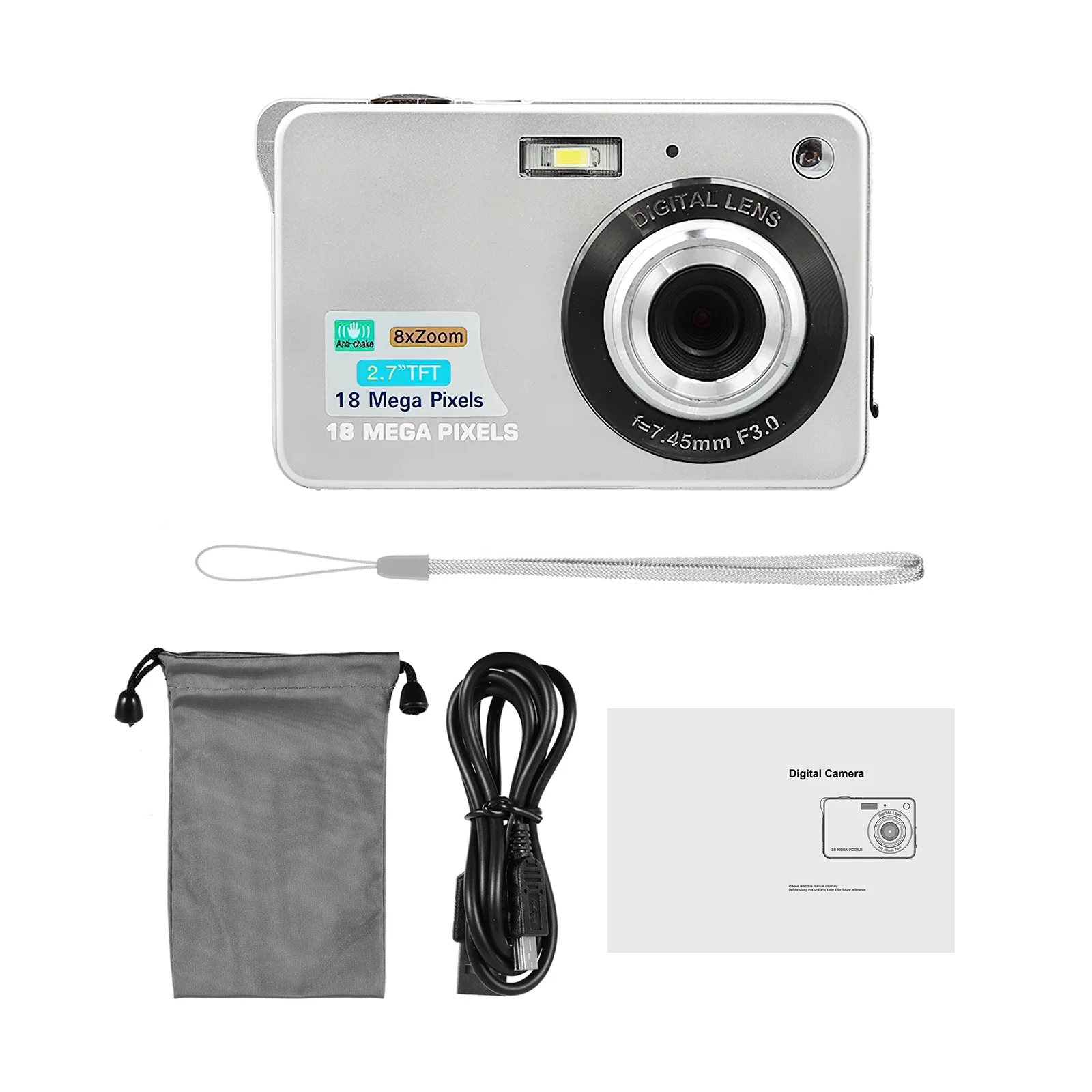 Portable 720P Digital Camera Video Camcorder 18MP Photo 8X Zoom -shake 2.7 Inch Large TFT Screen Built-in Lithium Battery with Carry Bag USB Charging Cable for Kids Teens