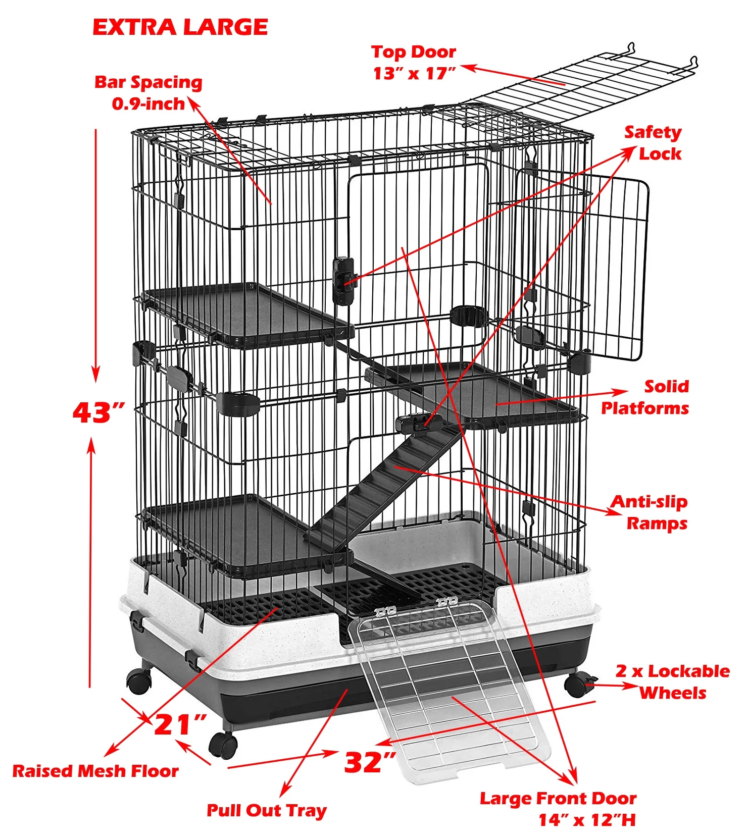 X-Large Deluxe 43” 4-Story Indoor/Outdoor Rabbit Bunny Guinea Pig Hutch Chinchilla Ferret Hedgehog Home Cage Paw Safe Solid Platform Ladder Bottom Mesh Floor Easy Slide Out Washable Tray