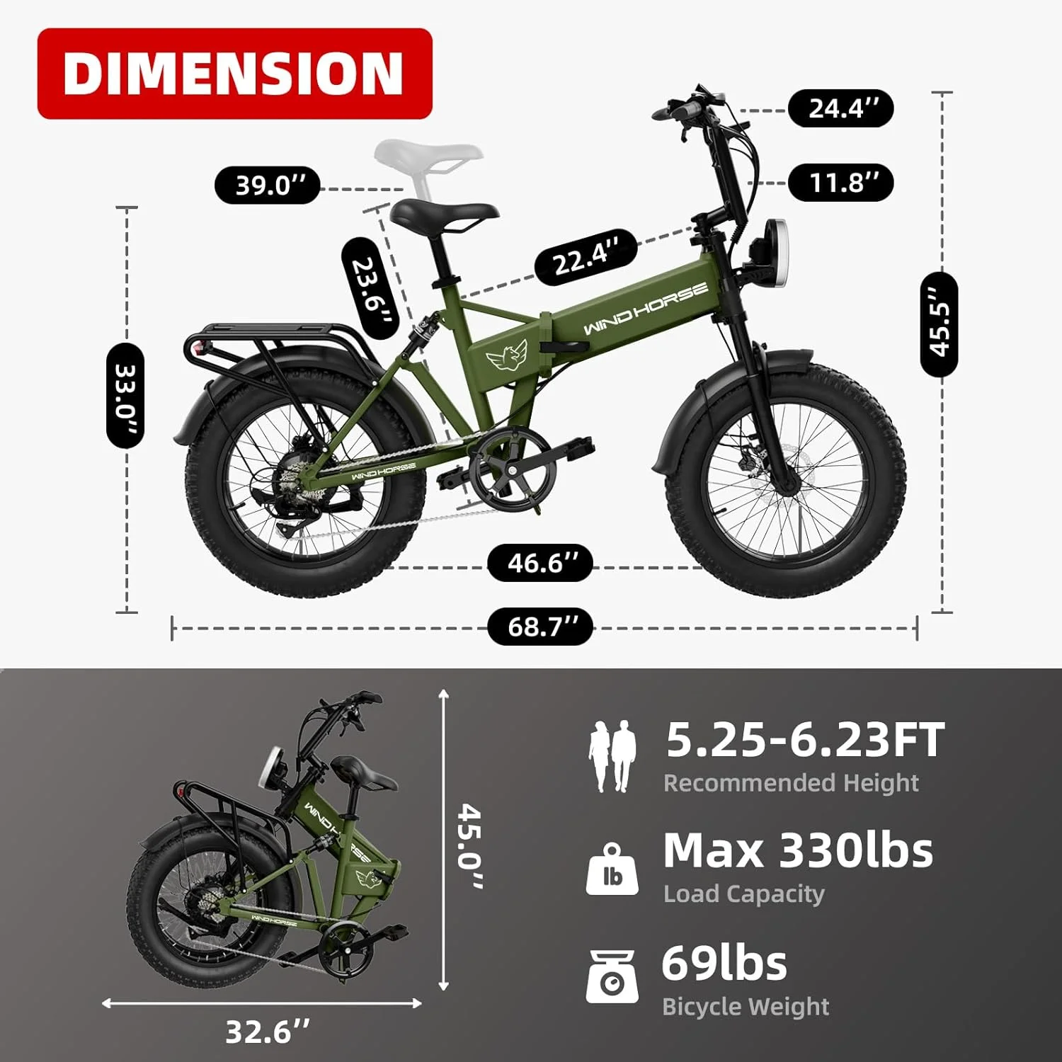 WINDHORSE Smart E Bike for Adults, 48V 13AH Foldable Electric Bike with 750W Motor, 20MPH 50 Mile Range, 7-Gears, Dumping Power Outage, 20