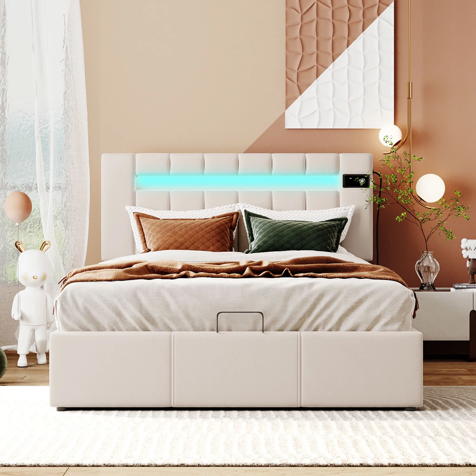 Churanty Full Size Upholstered Bed with Lifting Storage and LED Light,Full Platform Bedframe with Headboard,Bluetooth Player and USB Charging,Beige