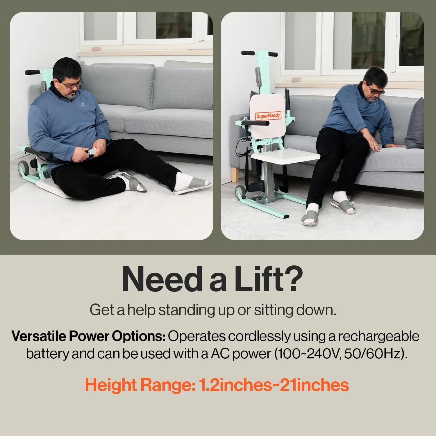 SuperHandy Electric Floor Lift for Seniors and Disabled - Portable, Adjustable, 330Lbs Weight Limit, Ergonomic Design, Dual Power, Easy Storage