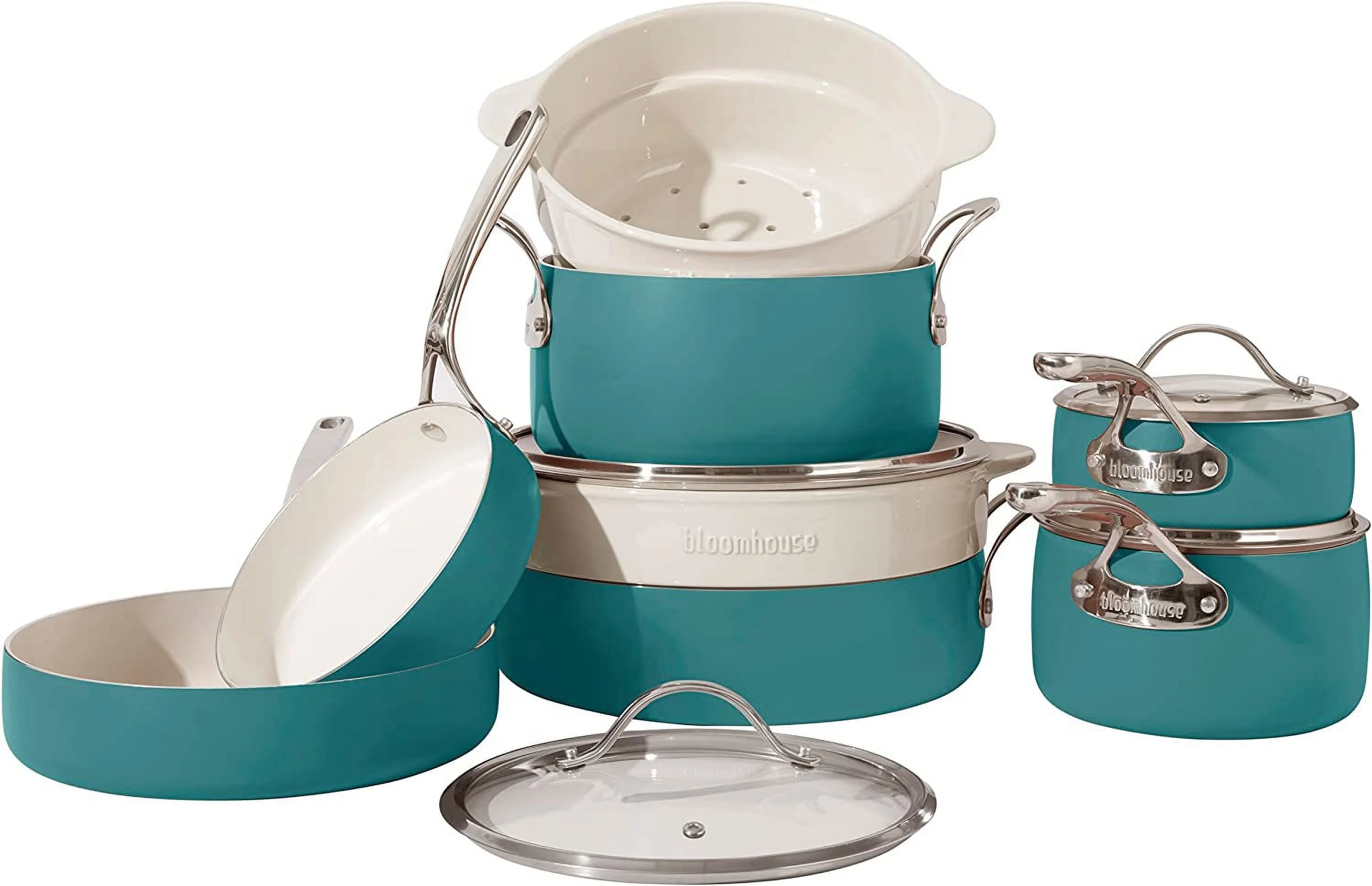 - Oprah's Favorite Things - 12 Piece Aluminum Enamel Cookware Set w/ Non-stick Non-toxic Ceramic Interior  Ceramic Steamer Insert  & 12 Protective Care Bags - Agave Blue