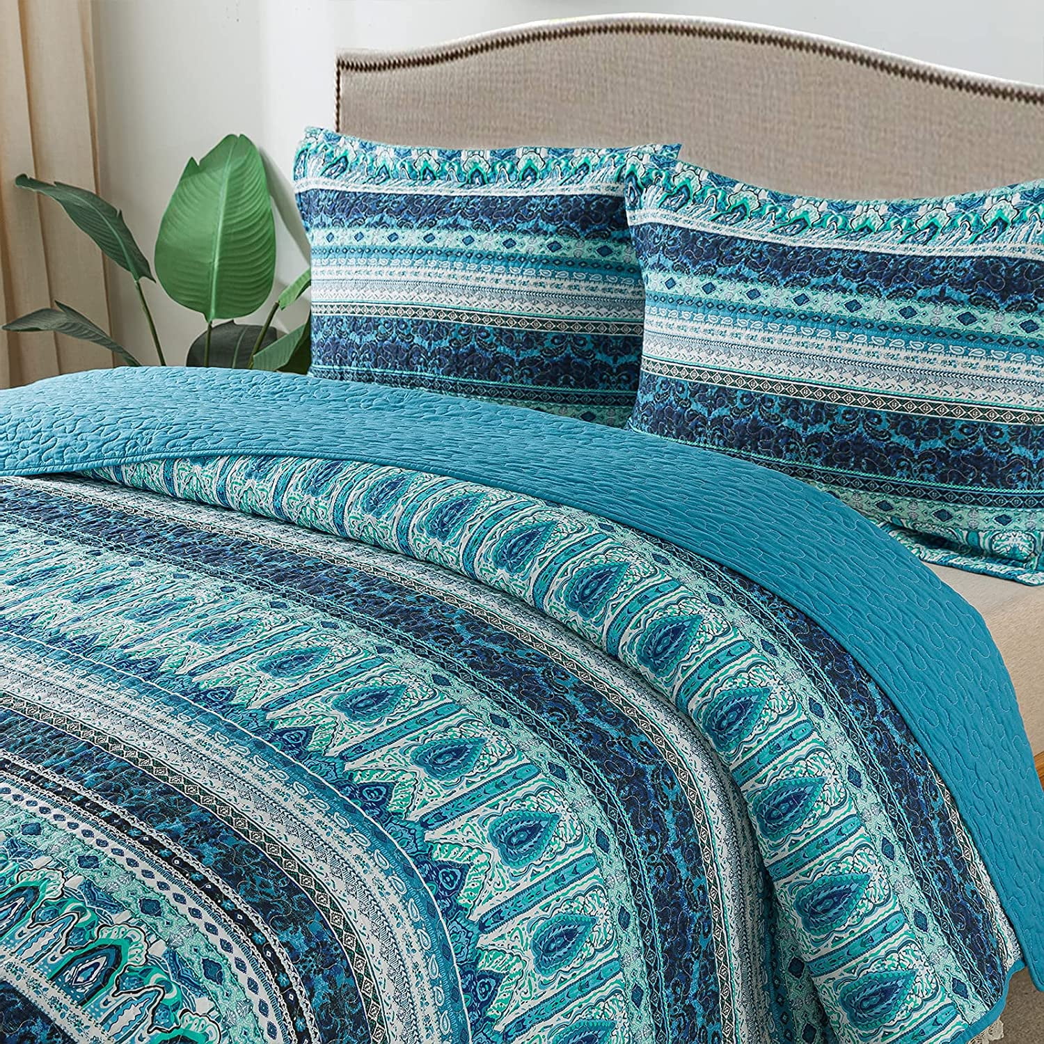 NEWLAKE Striped Jacquard Style Cotton 3-Piece Patchwork Bedspread Quilt Sets King Size