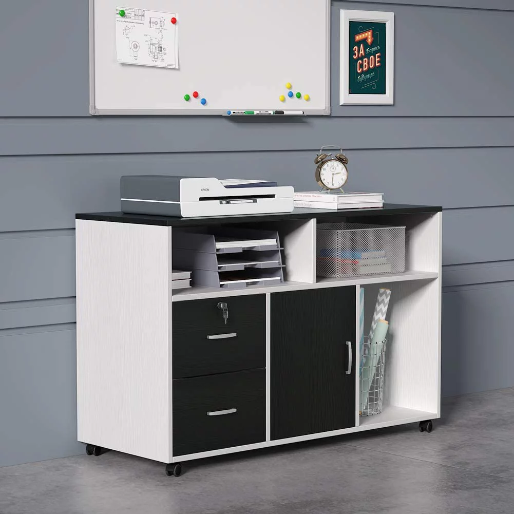 TribeSigns 39 Inches File Cabinet with 2 Drawers and Storage Shelf, Wood Mobile Printer Stand with Wheels, Home Office Cabinet with Lock and Doors