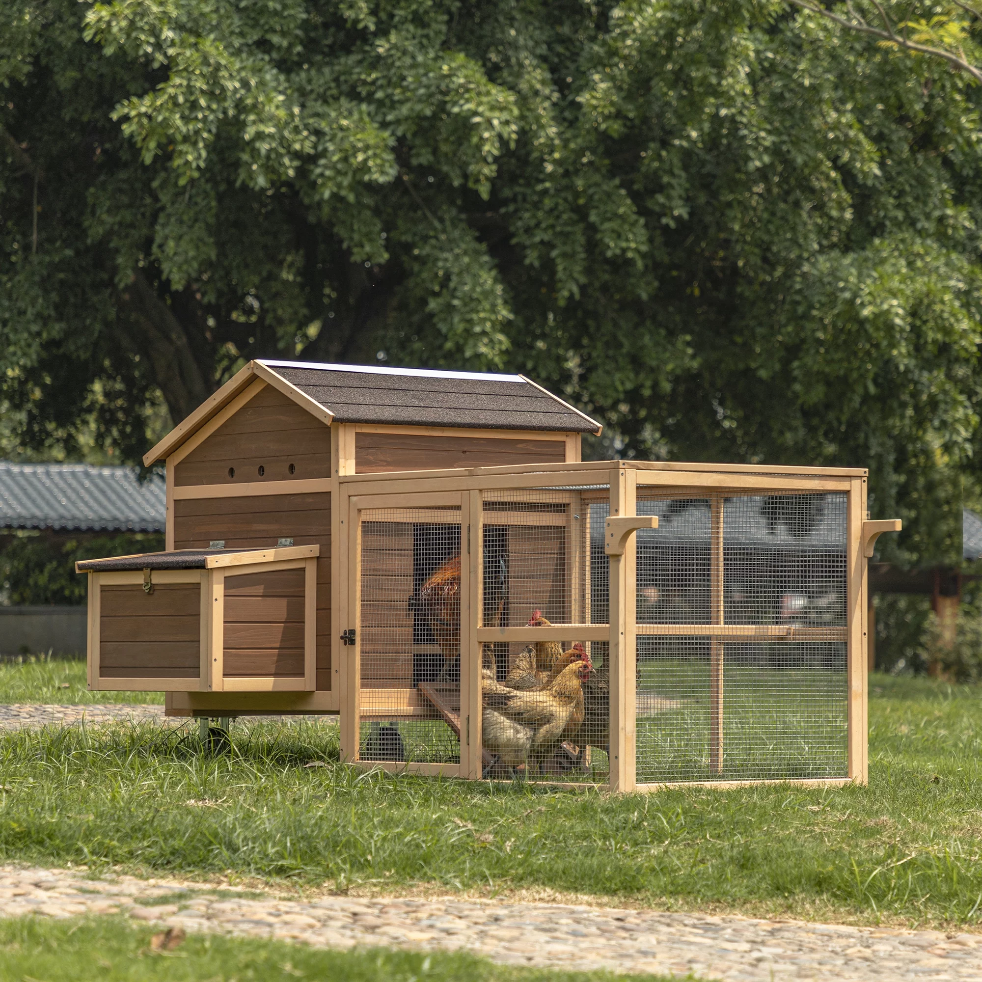 81”L Movable Chicken Coop with Wheels for 4-6 Chickens, Outdoor Chicken Coop with Run and Nesting Box Wooden Duck House Poultry Cage Chicken Hutch with Ramps for Hens Ducks and Rabbits