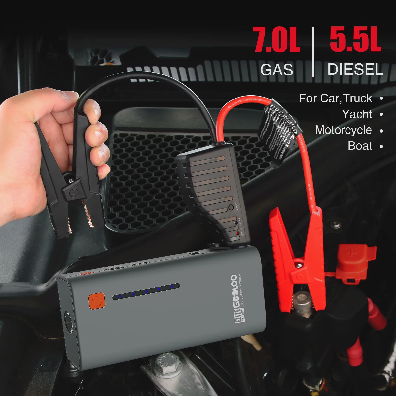 GOOLOO Car Jump Starter, GE1200 1200A Peak Jump Pack with Wall Charger(up to 7.0L Gas and 5.5L Diesel Engine), Portable 12V Lithium Car Battery Booster Box