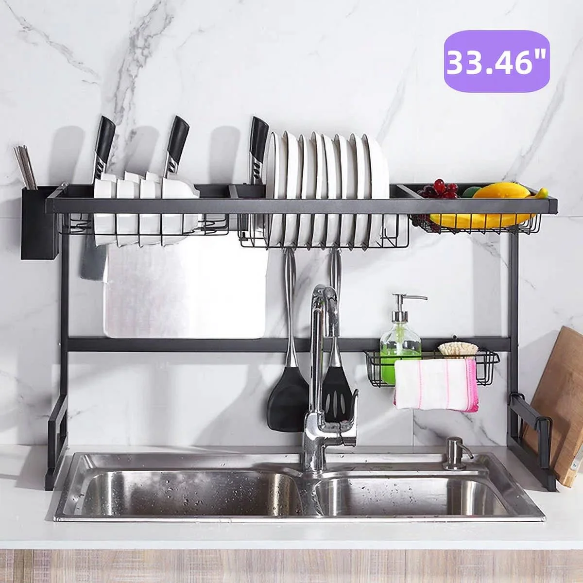 Over The Sink Dish Drying Rack, Large Stainless Steel Drainage Rack 2 Tier Dish Drainer Kitchen Count Organization and Storage 33.4 Inch
