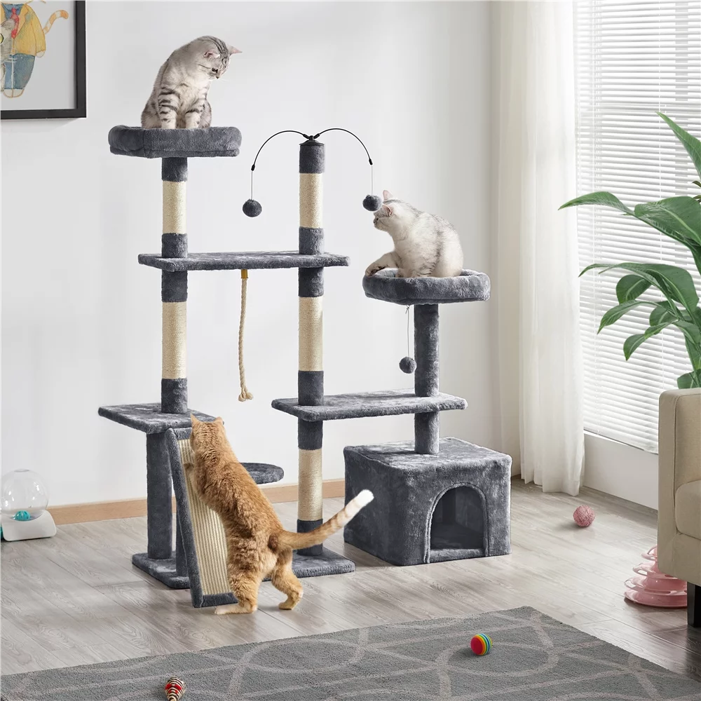 Easyfashion Multilevel Plush Cat Tree with Dangling Balls for Cats and Kittens, Dark Gray