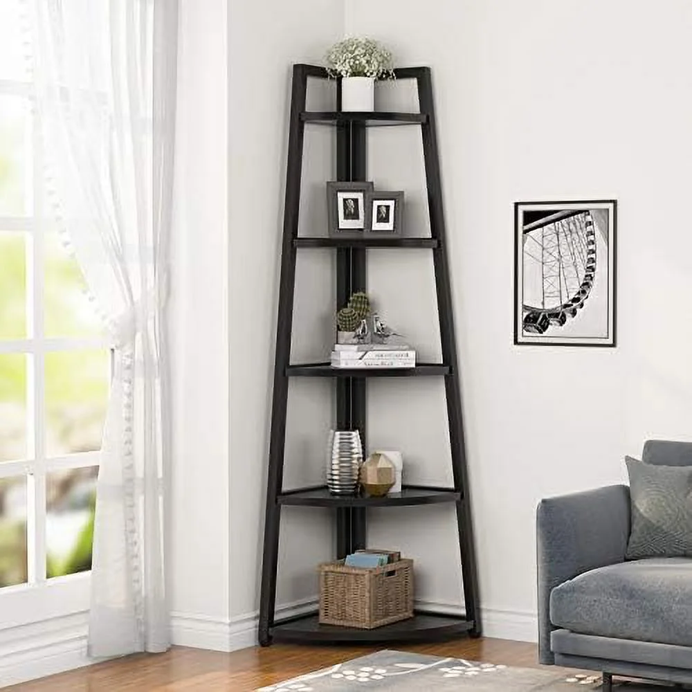 GEROBOOM 70 inch Tall Corner 5 Tier Modern Corner Bookshelf Bookcase Industrial Corner Ladder Plant Stand for Living Room Kitchen Home Office (White)