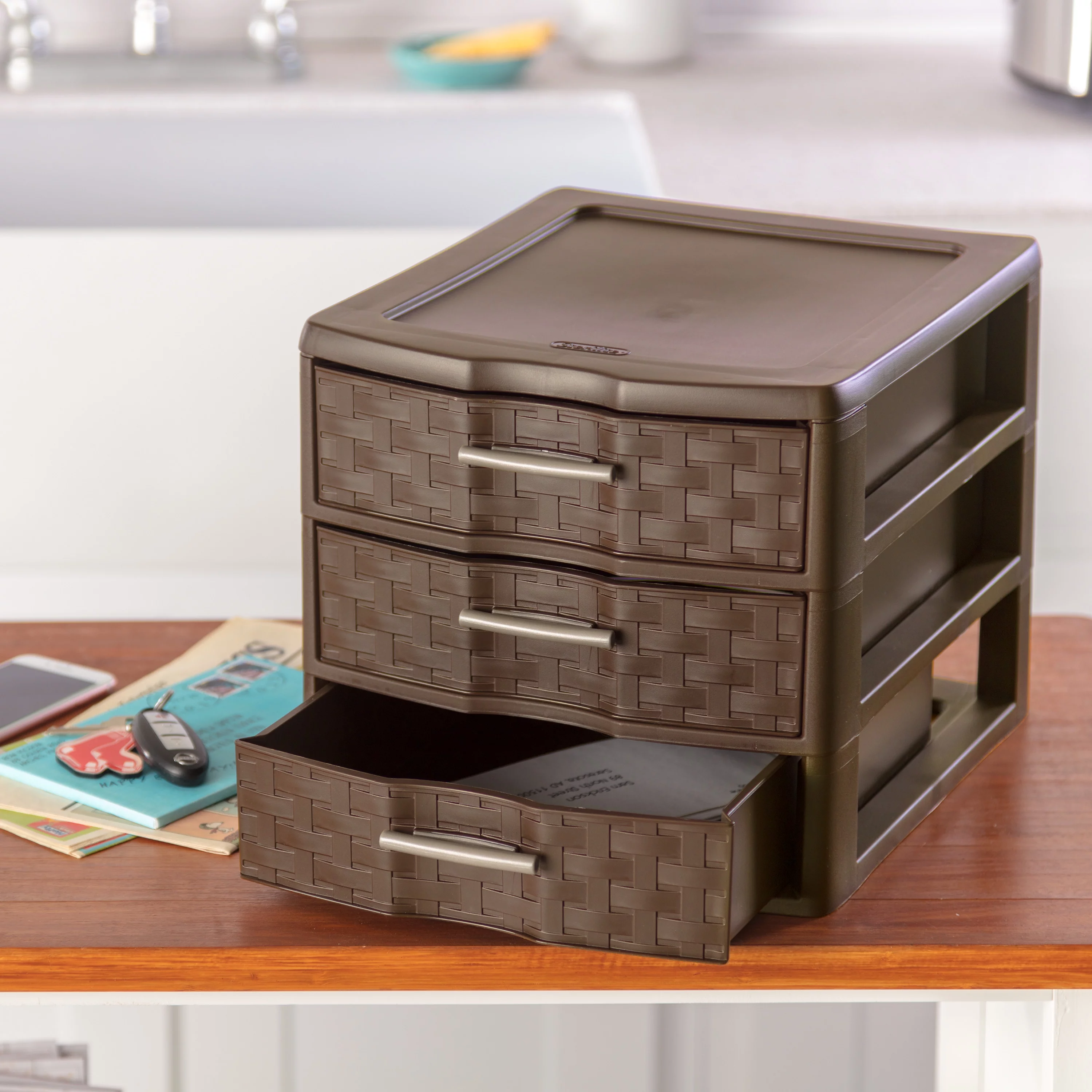 Sterilite Medium Weave 3 Drawer Unit Plastic, Espresso, Set of 4