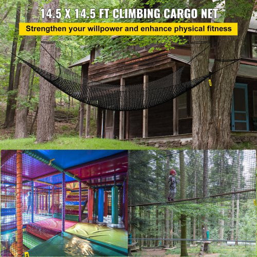 VEVOR Climbing Cargo Net, 14.8 x 14.8 ft Playground Climbing Cargo Net, Polyester Double Layers Cargo Net Climbing Outdoor w500lbs Weight Capacity, Rope Bridge Net for Tree House, Monkey Bar, Black