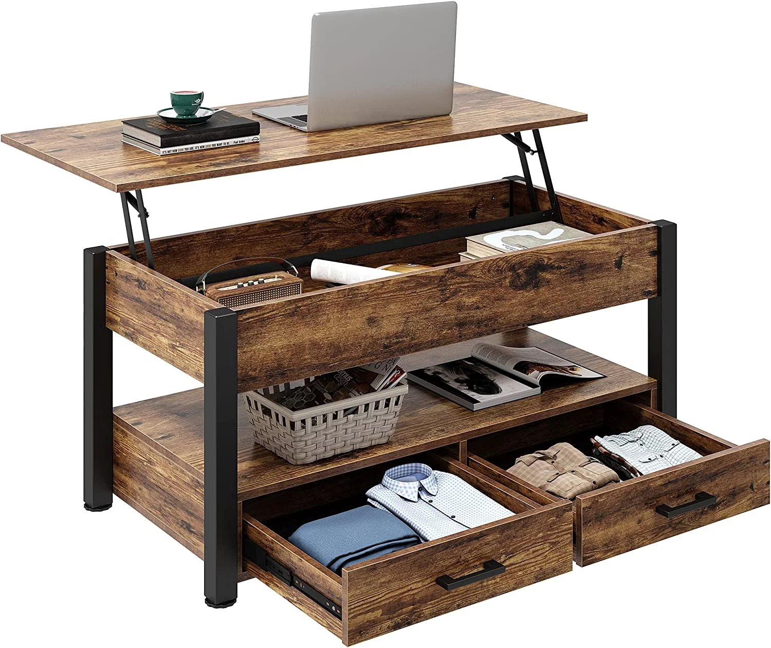 Lift Top Coffee Table  Coffee Table with Storage Drawers and Adjustable Metal Legs  Vintage Wood Living Room Tables with Hidden Compartment and Open Shelf  Espresso