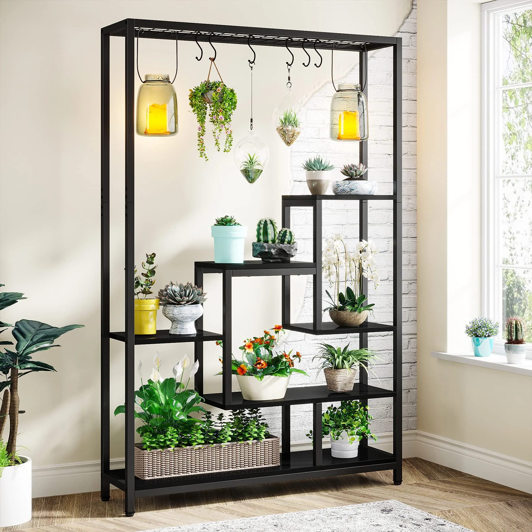 5-Tier Tall Indoor Plant Stand, 70.9 inches Large Metal Plant Shelf with 6PC S Hanging Hooks, Multi-Purpose Flower Bonsai Pots Display Rack for Indoor, Garden, Balcony, Living Room, Black
