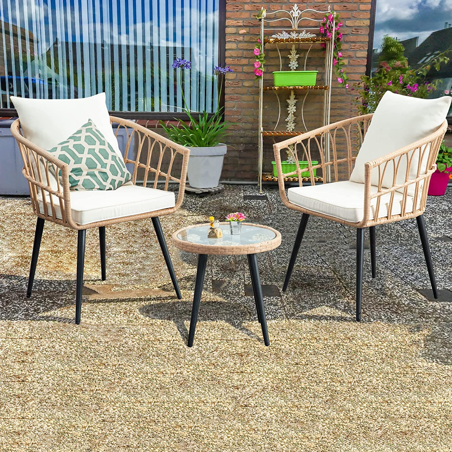 FHFO 3 Pieces Wicker Bistro Sets, Outdoor Rattan Conversation Furniture with Soft Cushions and Glass Table for Patio,Backyard ,Balcony,Deck
