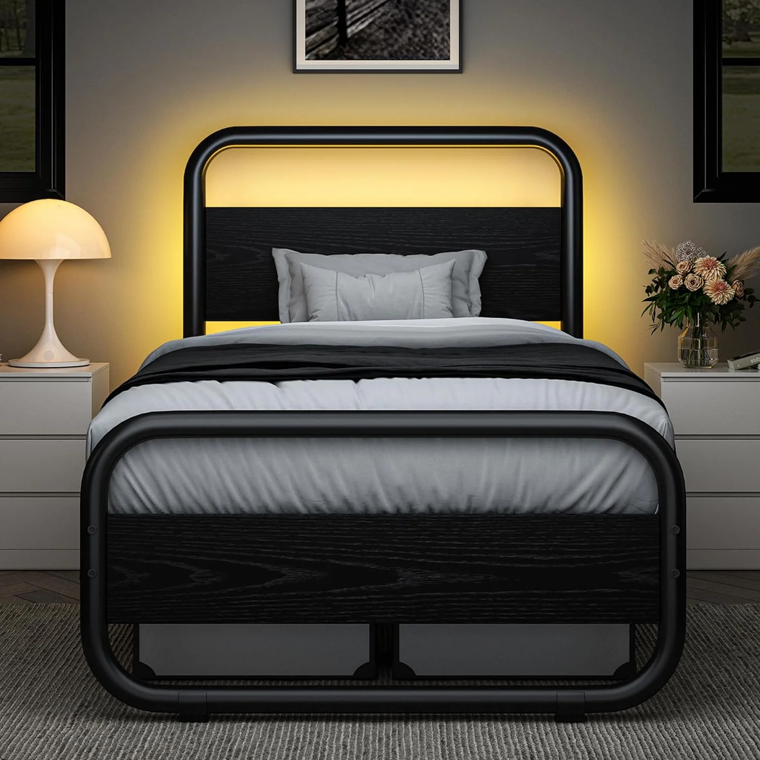 4 EVER WINNER Twin Size Bed Frame with LED Light Headboard, LED Platform Metal Bed Frame with Rustic Wooden Headboard, Black