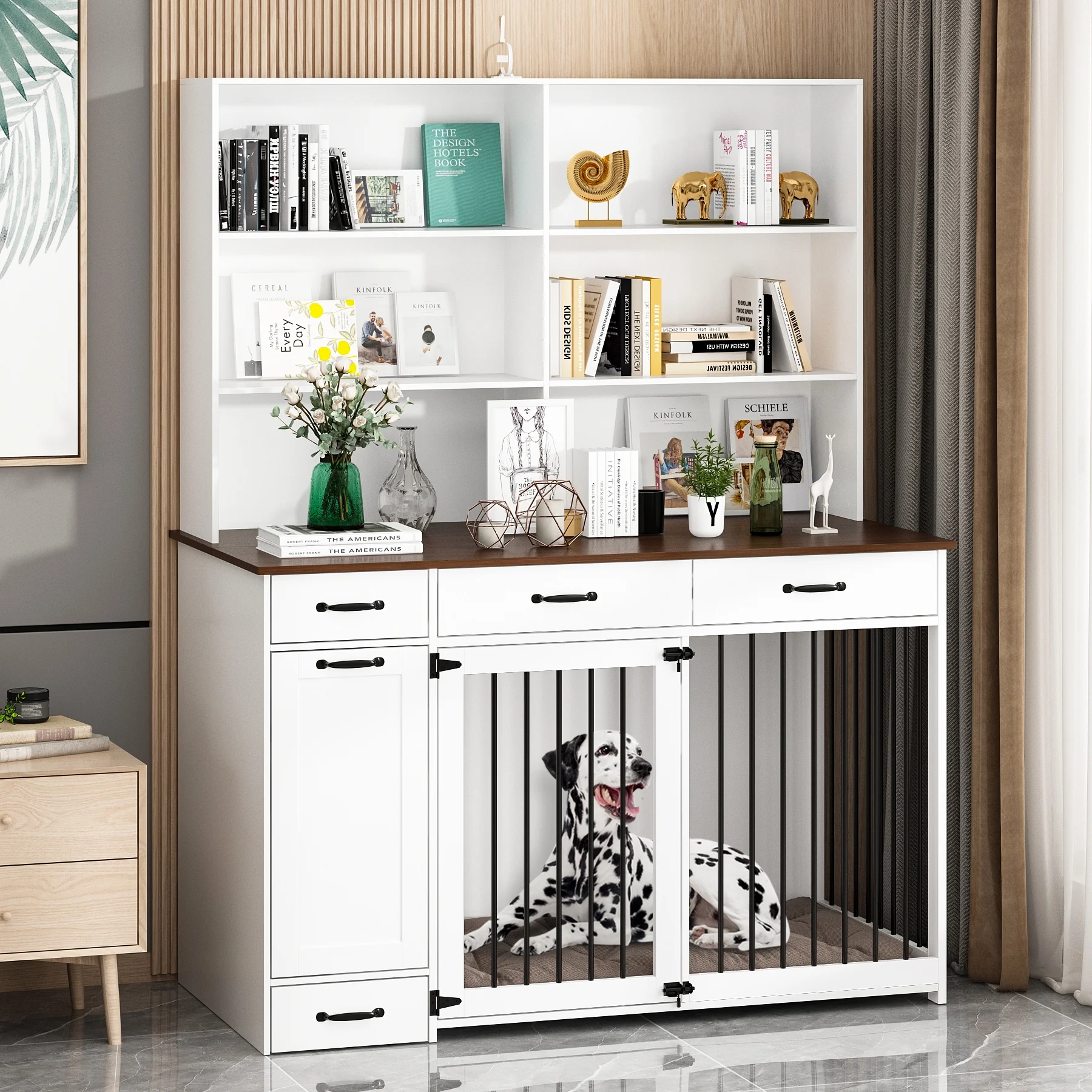 NARTRU Dog Crate Furniture with Storage, Wooden Dog Crate Cabinet with Dog Bowls, Dog Food Storage, Drawers and Shelves for Small, Medium or Large dog, White