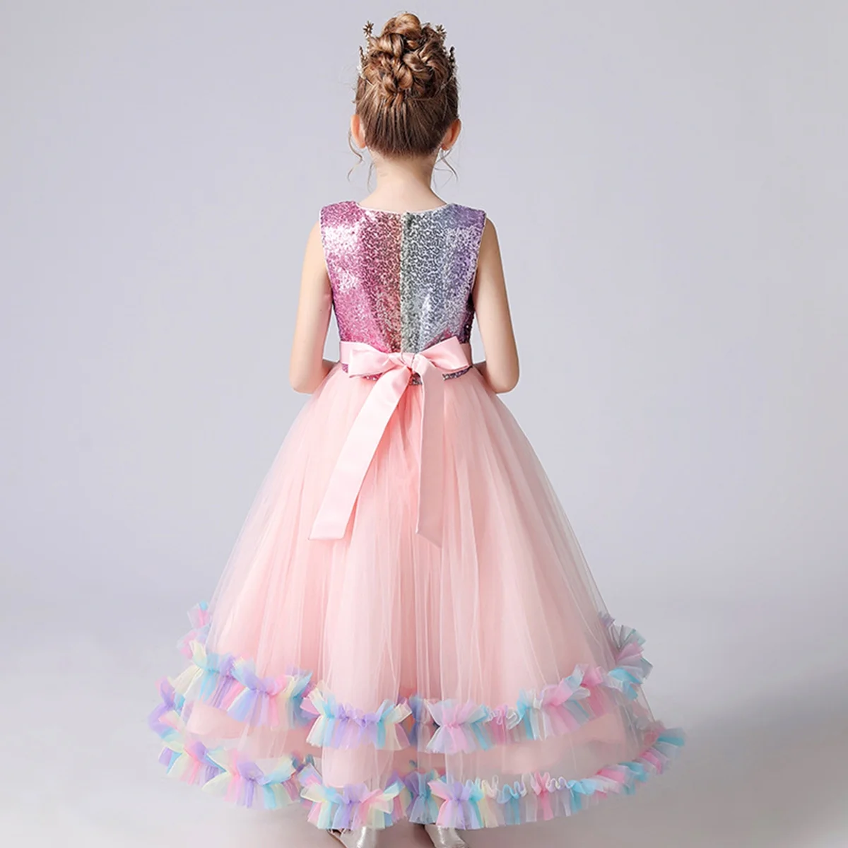 HAWEE Flower Girls Sequin Dress Rainbow Tulle Pageant Birthday Party Princess Dress Wedding Maxi Gown for 4-16 Years Old
