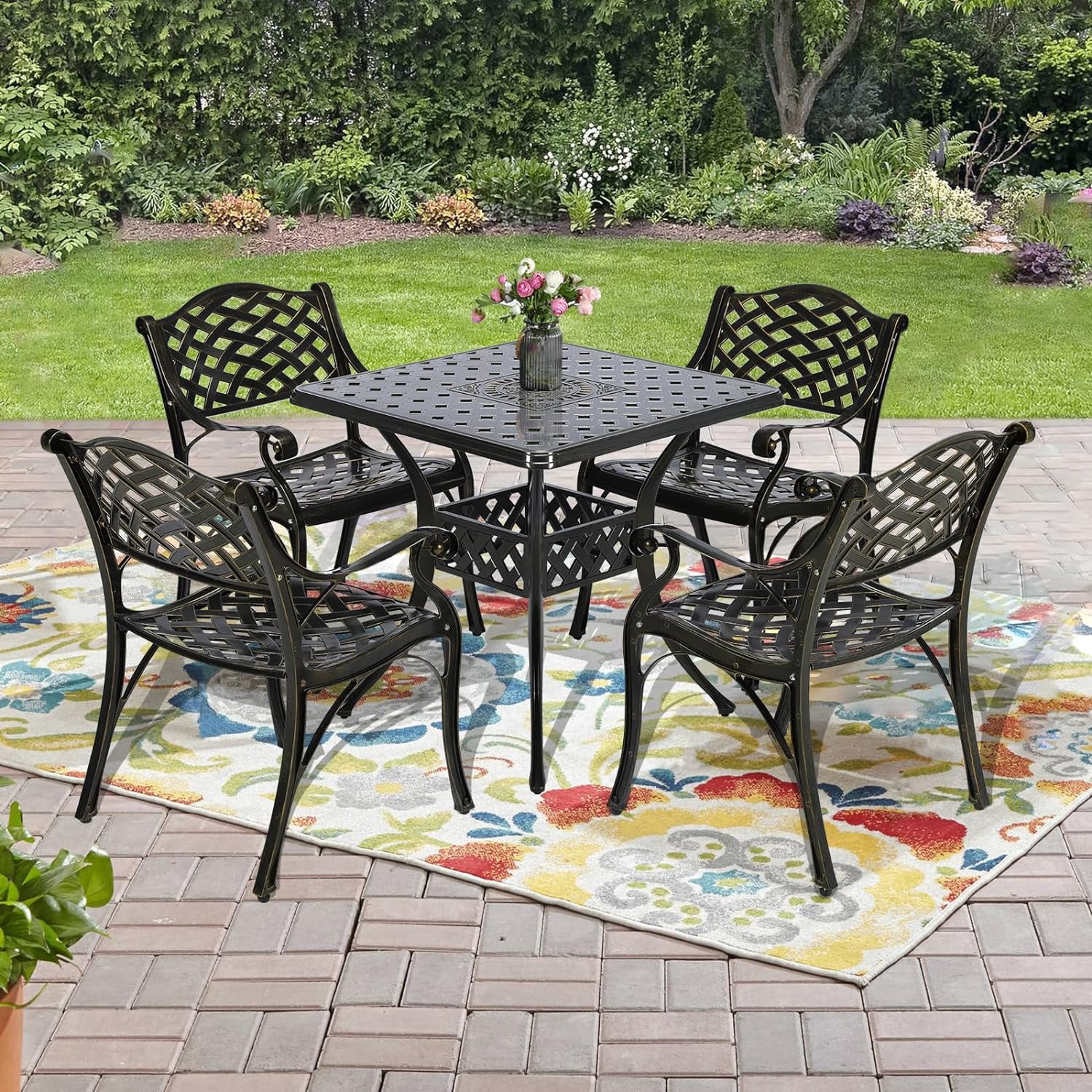 SOCIALCOMFY 5-Piece Outdoor Patio Dining Set, All-Weather Cast Aluminum Furniture Conversation Set, Include 4 Chairs and a 30.3 inch Square Table with Umbrella Hole for Balcony Lawn Garden Backyard