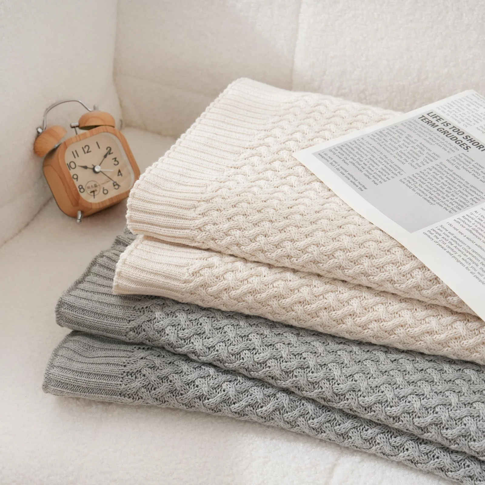 MEHGY 100% Cotton Throw Blanket, Super Soft, Lightweight and Breathable Knitted Blanket,for Couch, Sofa & Bed, 51 * 67 Inches (Gray)