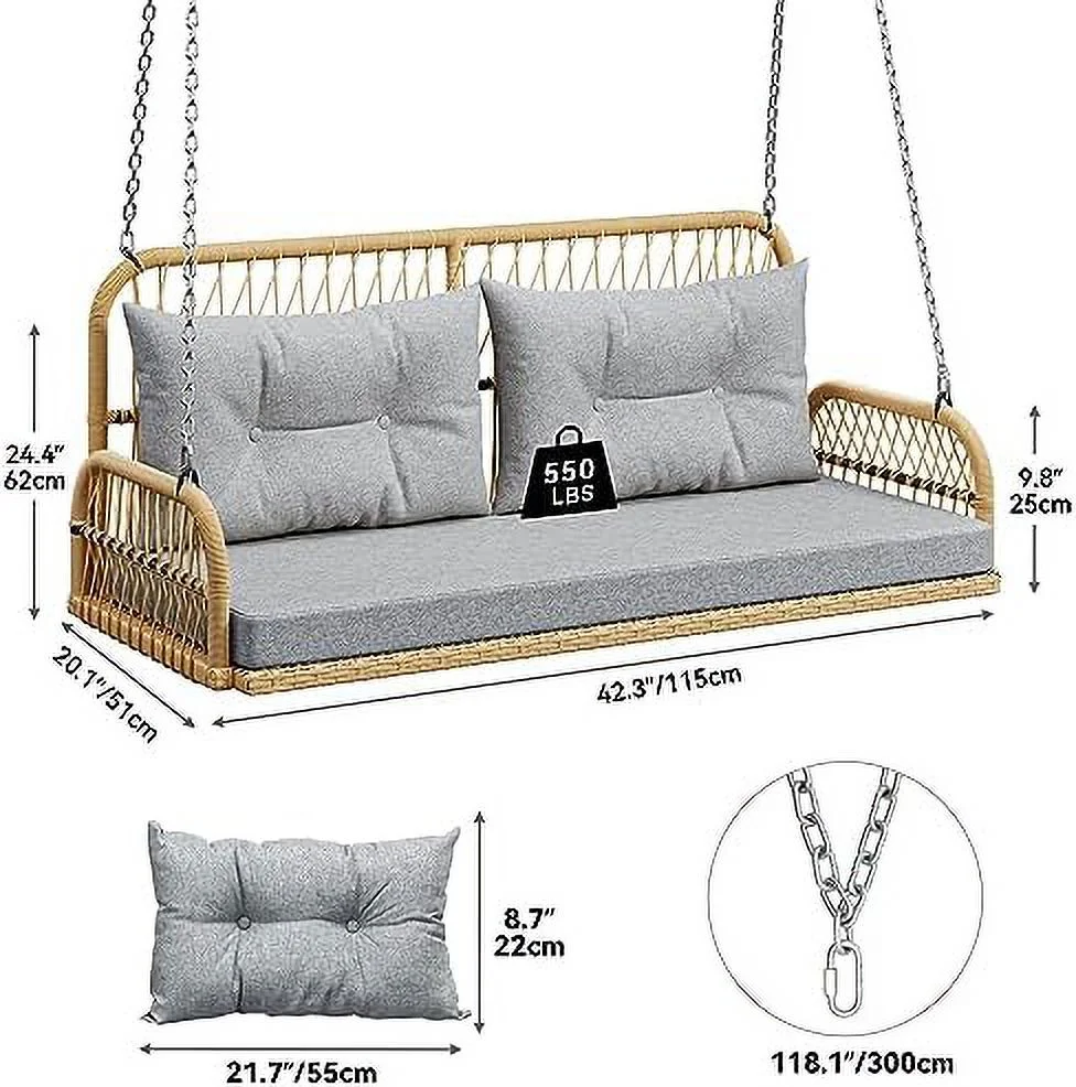 CHTYVC Wicker Hanging Porch Swing Chair Outdoor Brown Rattan Patio Swing Lounge w/ 2 Back Cushions Capacity 530lbs for Garden Balcony Living Room Beige