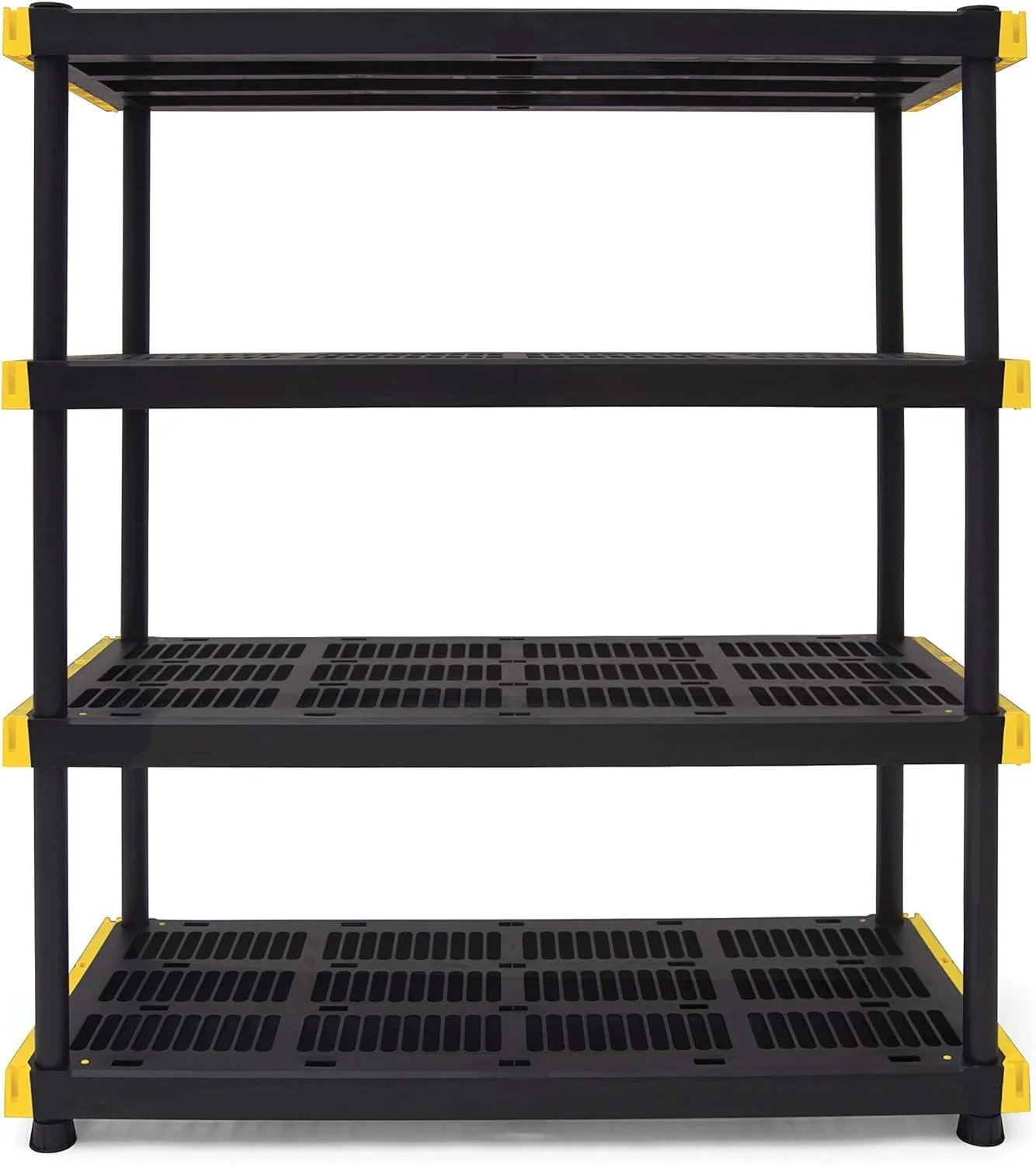 Black & Yellow®, 4-Tier Heavy Duty Plastic Storage Shelving Unit, 200lbs/shelf (55”H x 48”W x 20”D), for Indoor/Outdoor Organization, Modular Rack