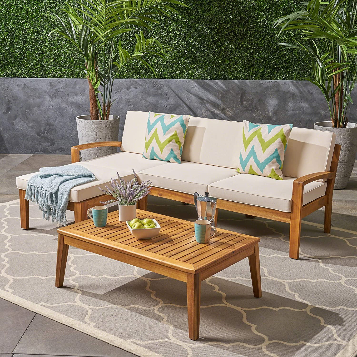 Grenada Sectional Sofa Set | 5-Piece 3-Seater | Includes Coffee Table and Ottoman | Acacia Wood Frame | Water-Resistant Cushions | Teak and Beige Finish