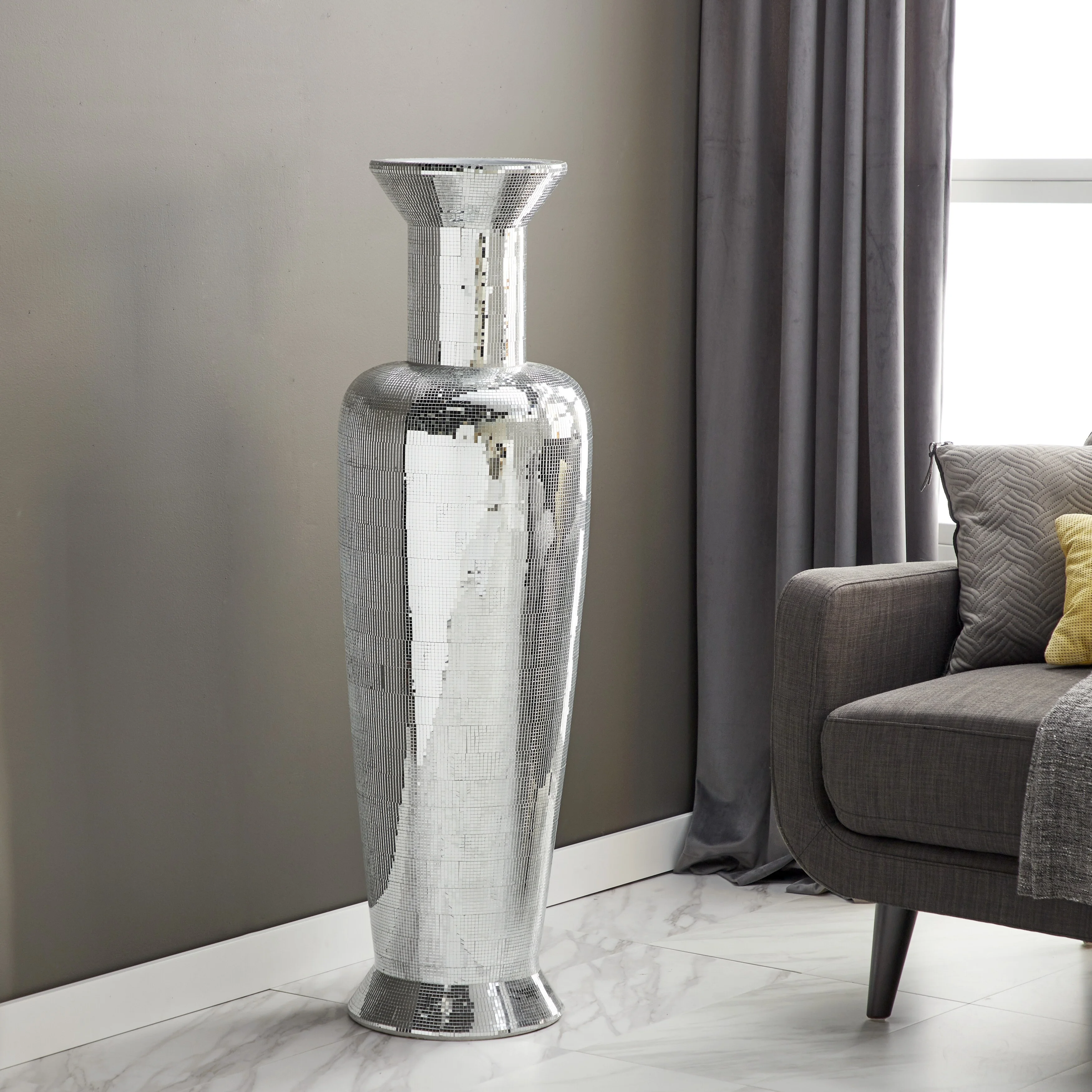 Studio 350 Silver Polystone Tall Floor Vase with Mosaic Mirror Inlay