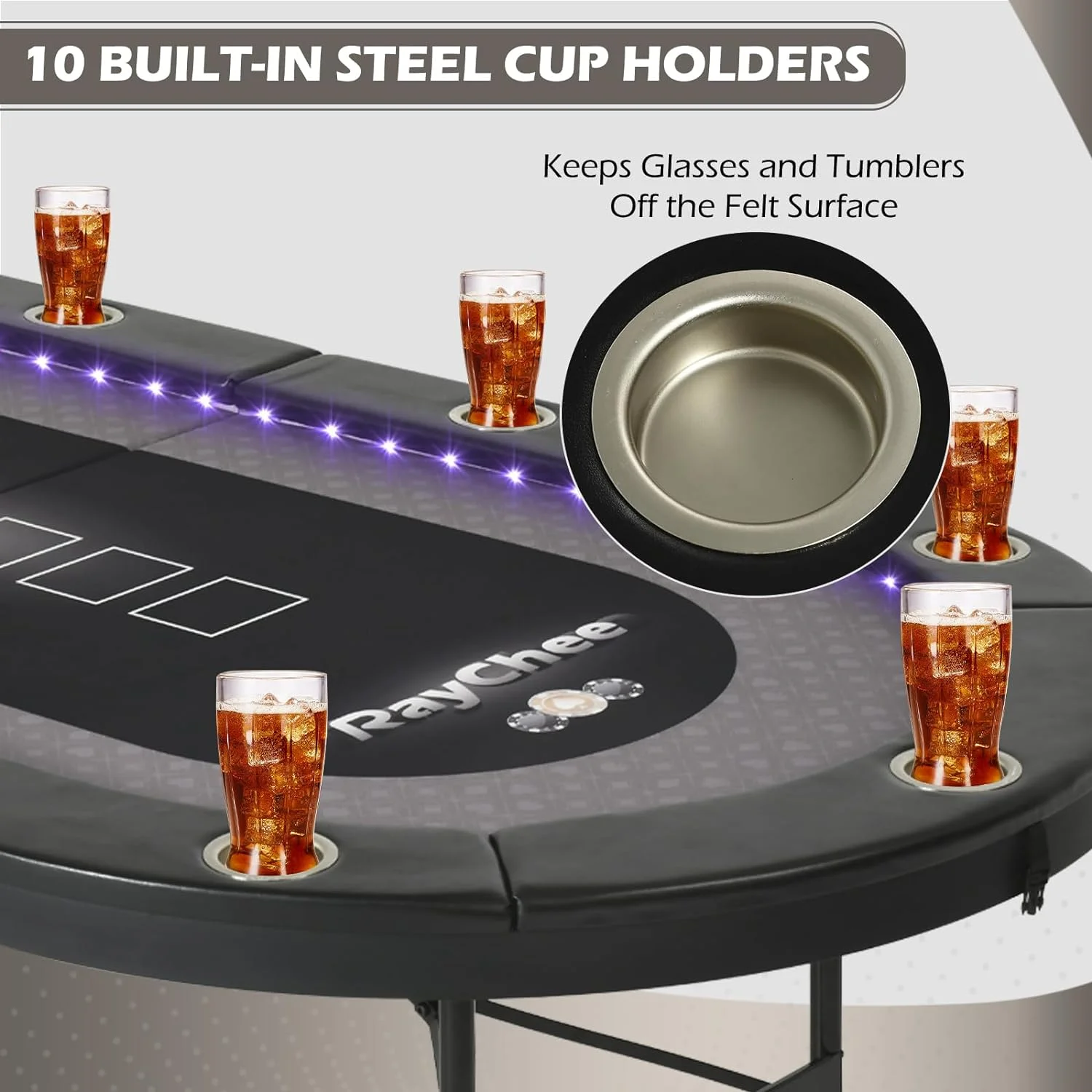 RayChee 84 inch Poker Table Foldable, 10 Player Folding Texas Holdem Table w/Inlaid LED Light, 2 USB & 2 Type-c Ports, Portable Blackjac for Texas Card Game w/Cup Holders and Padded Rails(Brown)