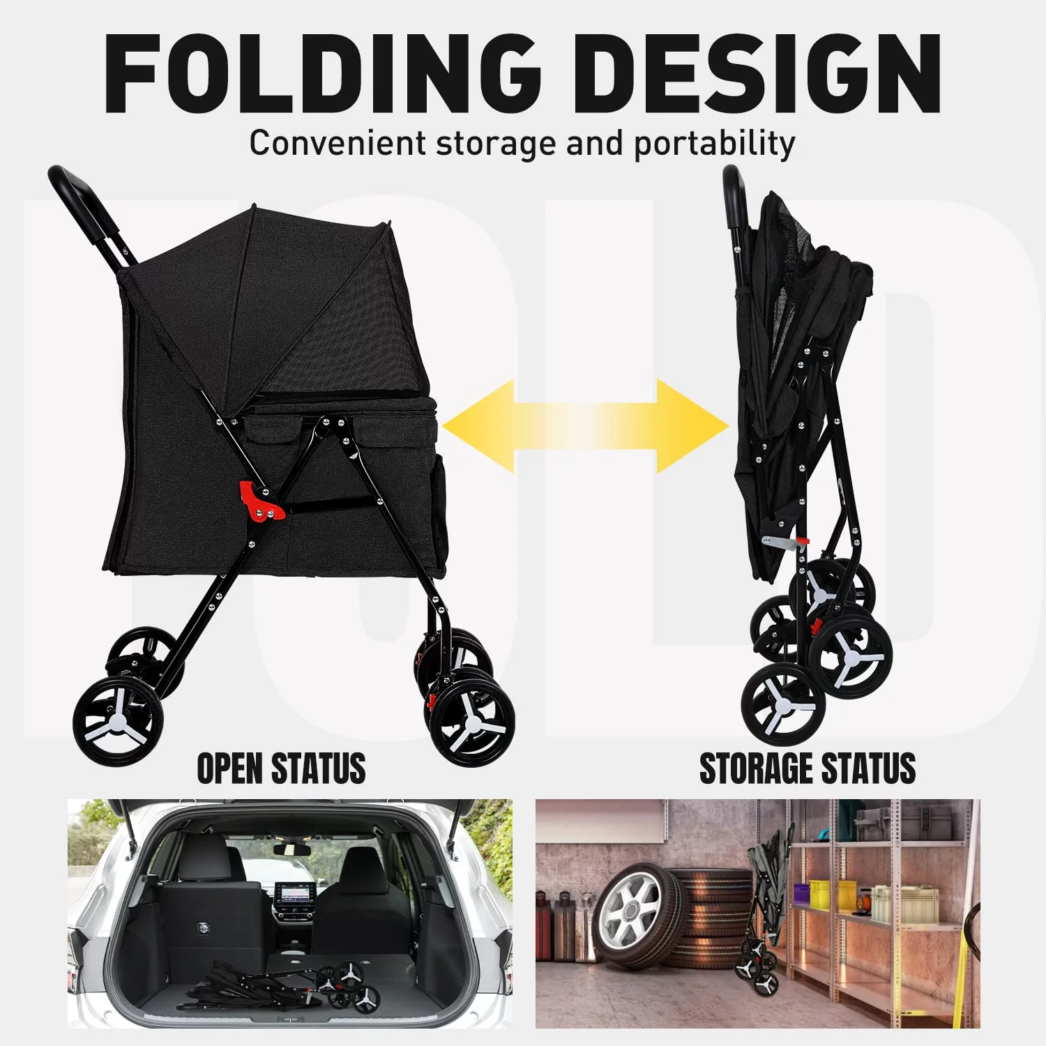 NiamVelo Folding Pet Dog Stroller 4 Wheels Cat stroller with Large Door Curtain Ventilate Mesh for Travelling Walking, Black