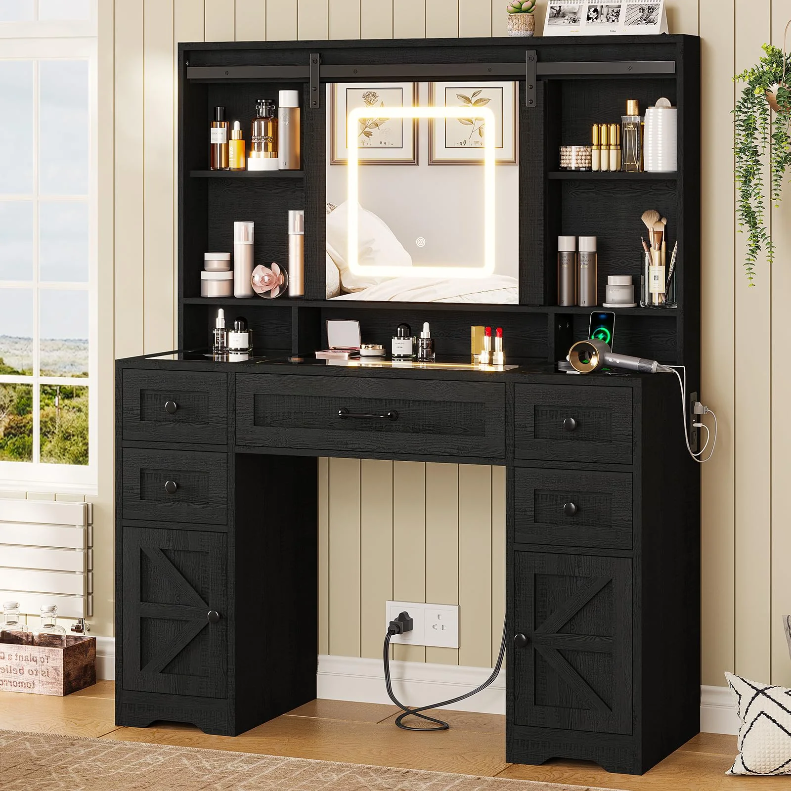 Makeup Vanity Desk with Sliding Mirror and Lights,Farmhouse Vanity Table with Charging Station&5 Drawers&Cabinets, Black