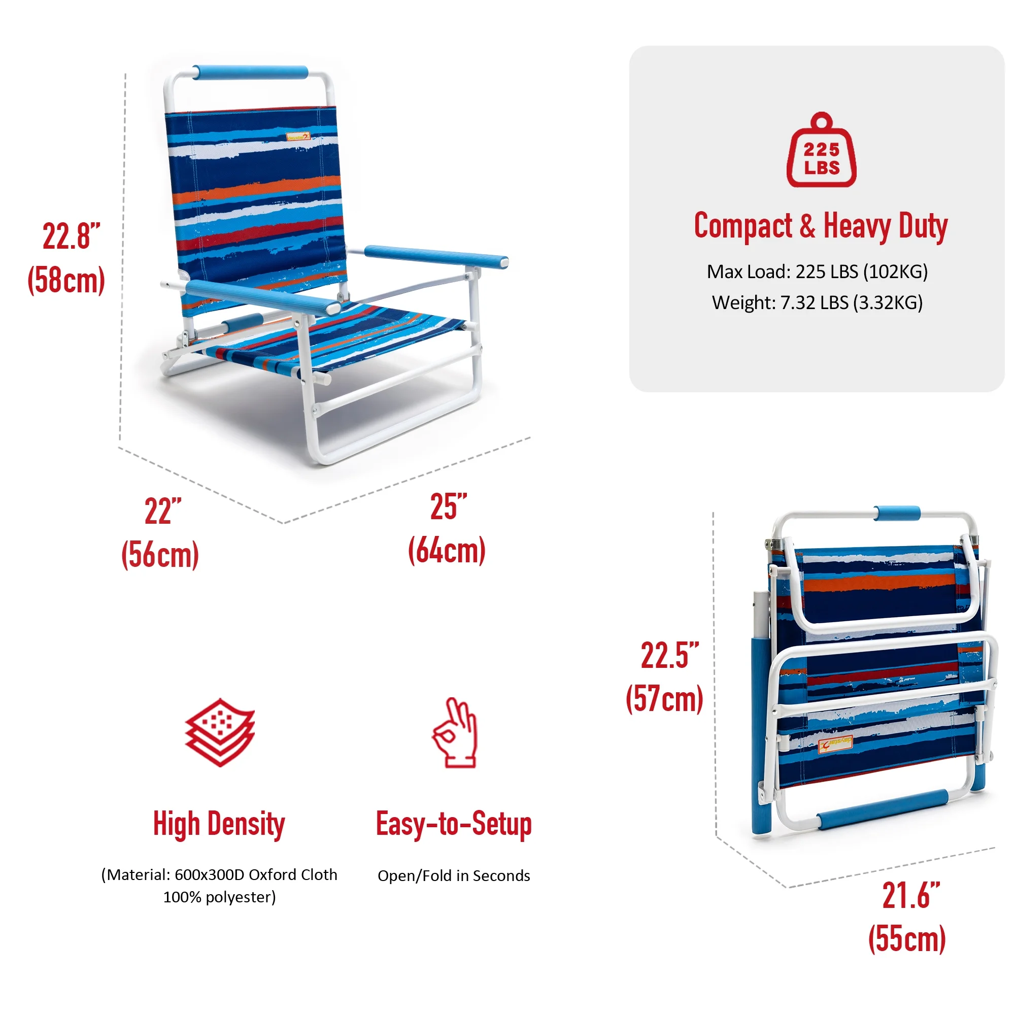 SunnyFeel Folding Beach Chair for Adults, ightweight Low Beach Chair with Armrest, High Back Beach Chairs Supports 300 lbs for Beach Lawn Concert(Blue Stripe)