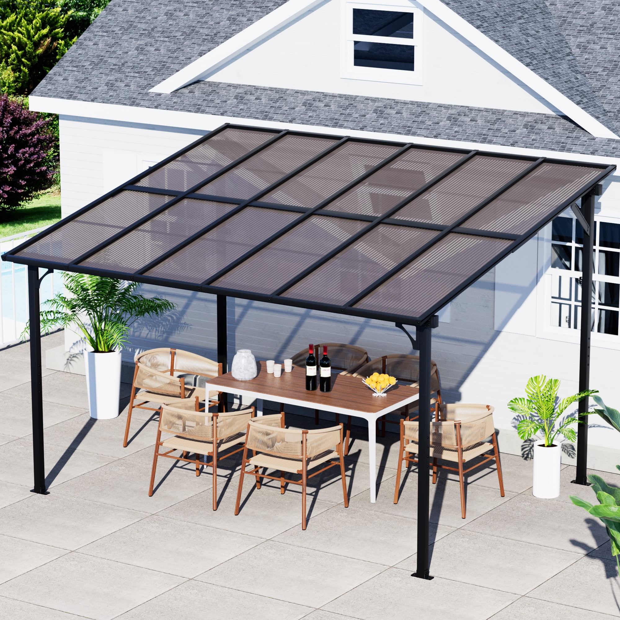 GDPFN 12' x 10' Gazebo, Wall Mounted Lean to Pergola, Outdoor Hardtop Gazebo with Roof, Large Heavy Duty Metal Awnings for Patio, Backyard, Deck, Porch