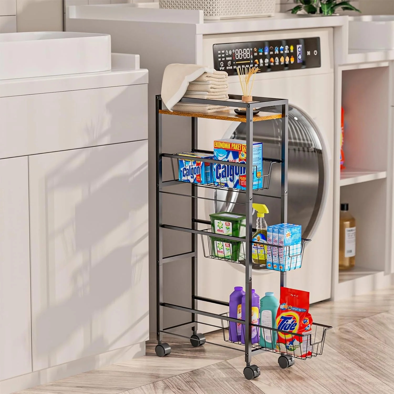 4-Tier Slim Storage Cart with Wheels,X-cosrack Rolling Utility Cart with Slide-Out Wire Baskets & Wooden Tabletop,Mobile Shelving Unit for Bathroom Kitchen Laundry Narrow Places