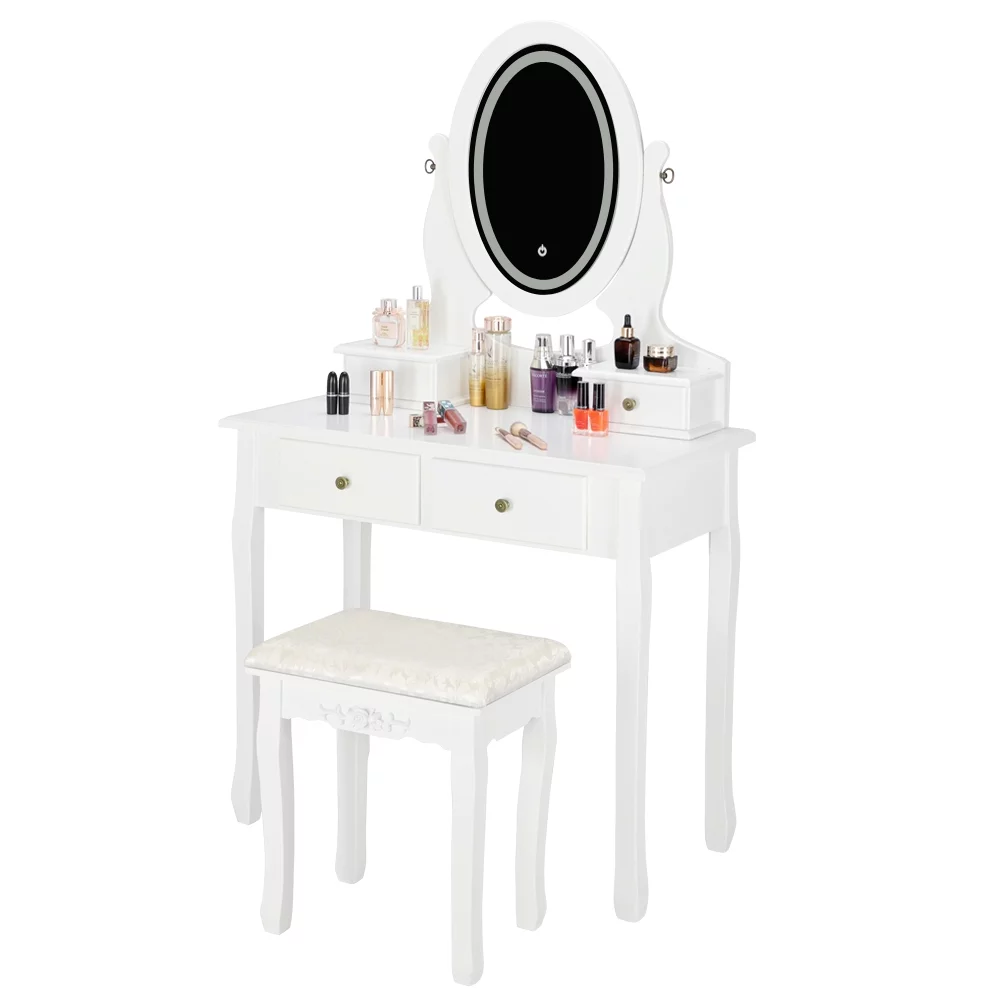 VINGLI Makeup Vanity Table with Lights,White Vanity Desk with Mirror and Lights,Small Girls Vanity Table Set with Drawers and Stools