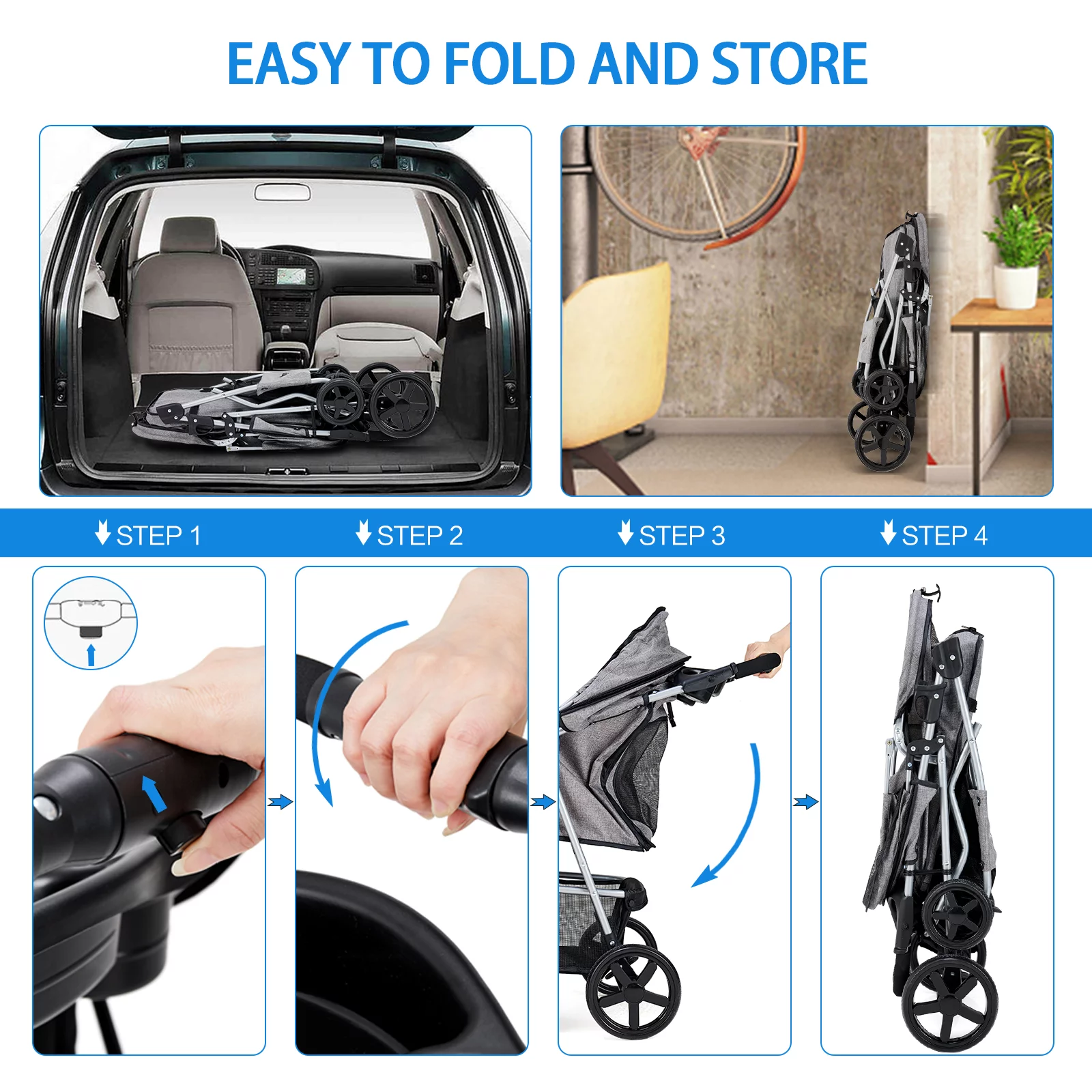 Pet Stroller 4 Wheel with Storage Basket and Cup Holder Foldable Lightweight Trolley for Small Medium Cats & Dogs-Gray