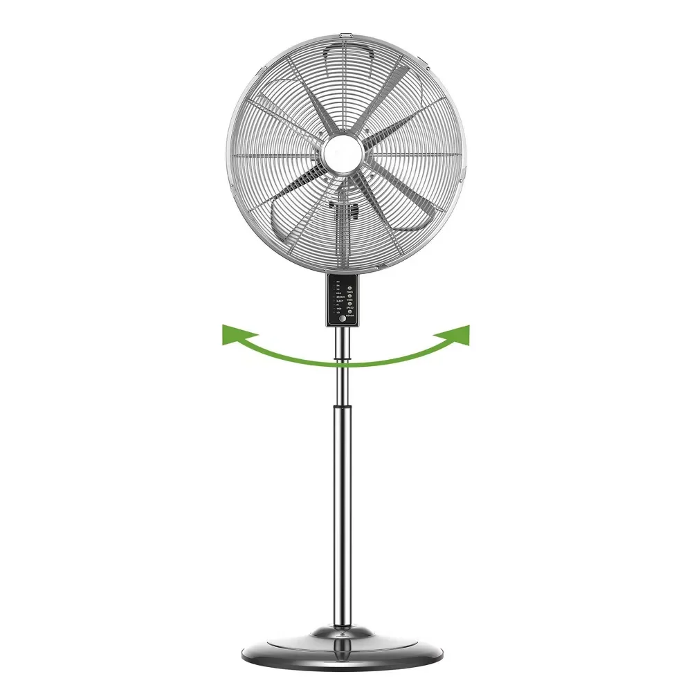 YFY 16-inch digital oscillating 3-speed metal pedestal fan with remote control, adjustable 20° head tilt, 75° motorized wide-angle oscillation, automatic shut-off timer. (Chrome Plated)
