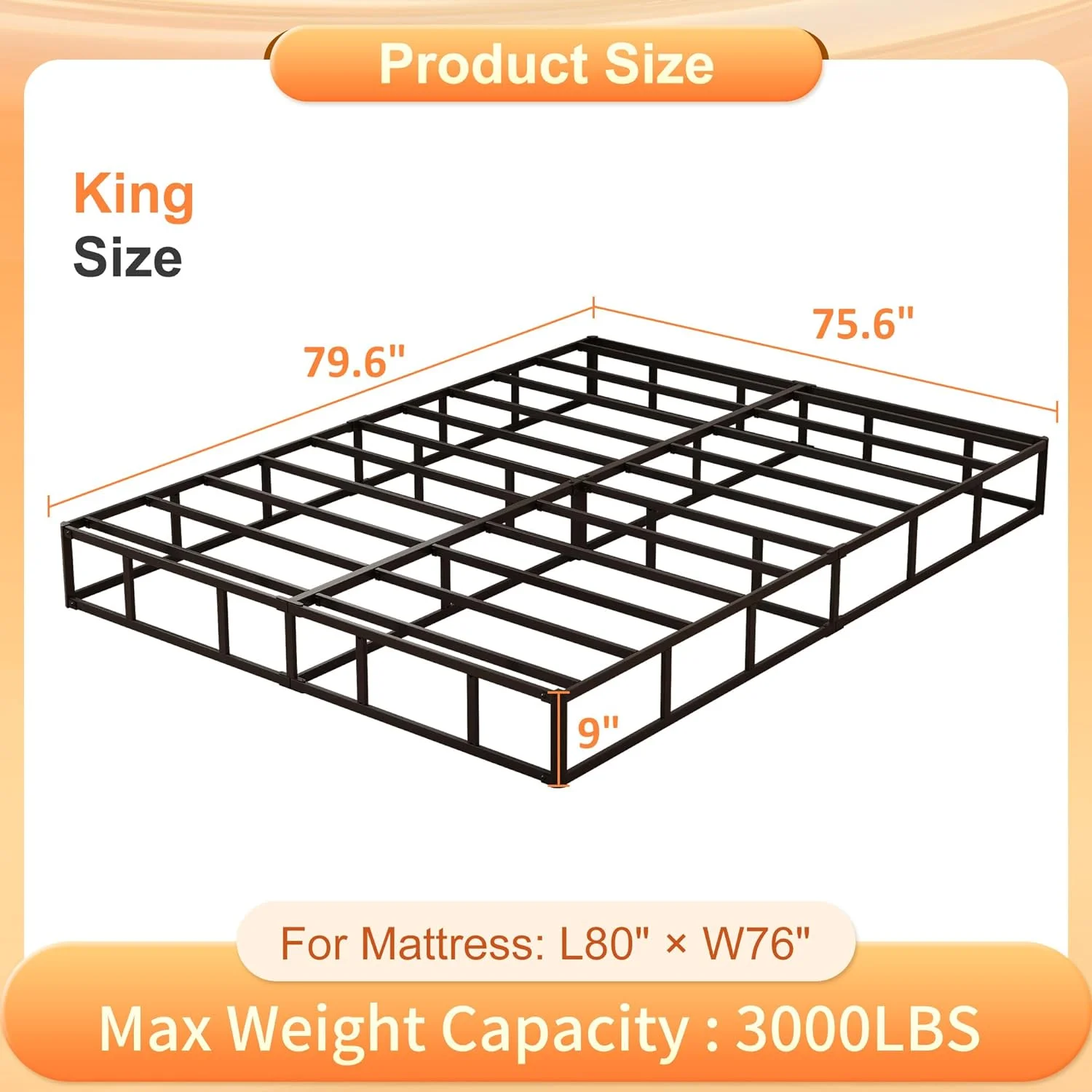 King Box Spring, 9 Inch High Profile Metal Box Spring King Bed Base with Fabric Cover, Sturdy Mattress Foundation, Easy Assembly, Noise Free, Black